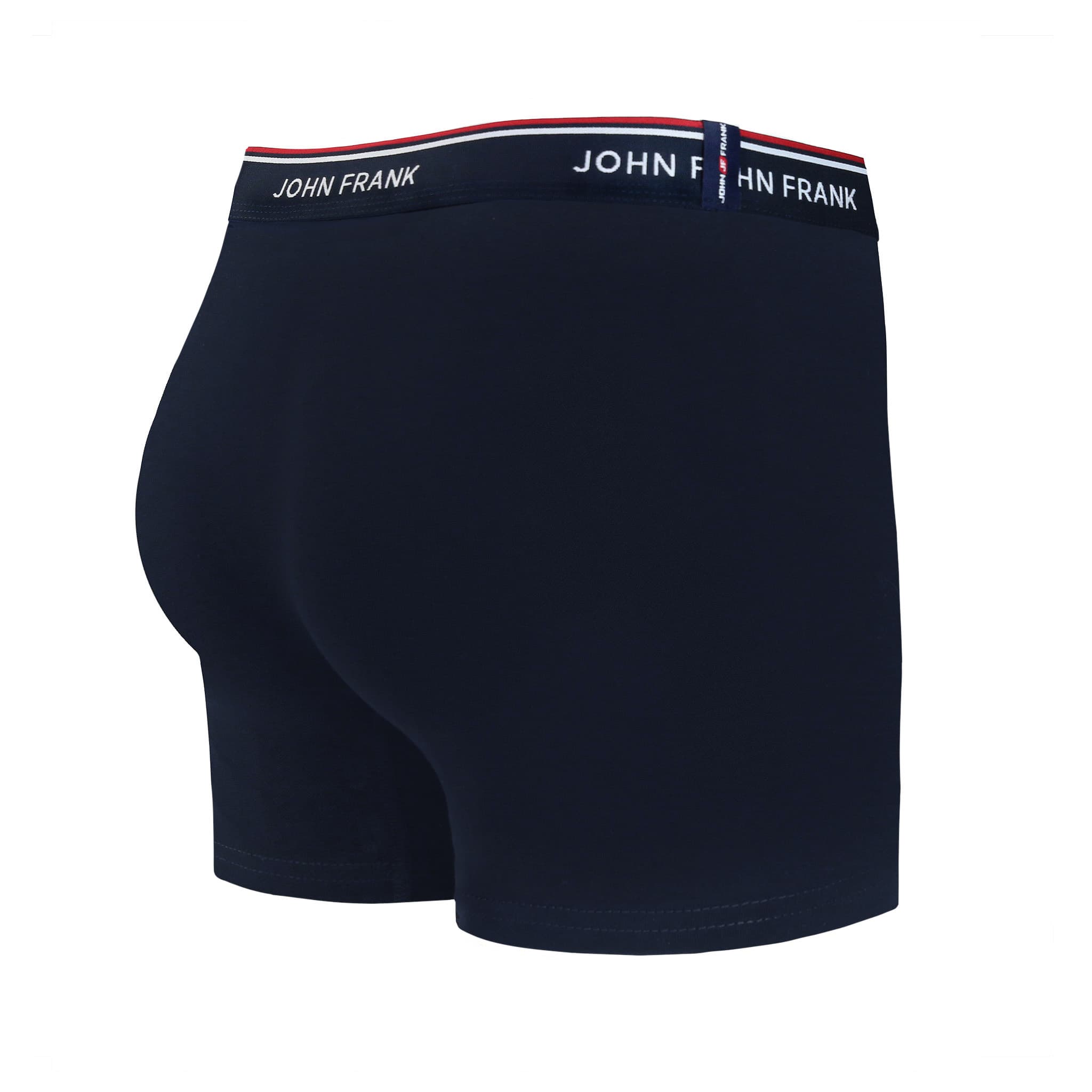 Back view of men’s 95% cotton boxer brief in midnight blue with midnight blue striped waistband and rear detail