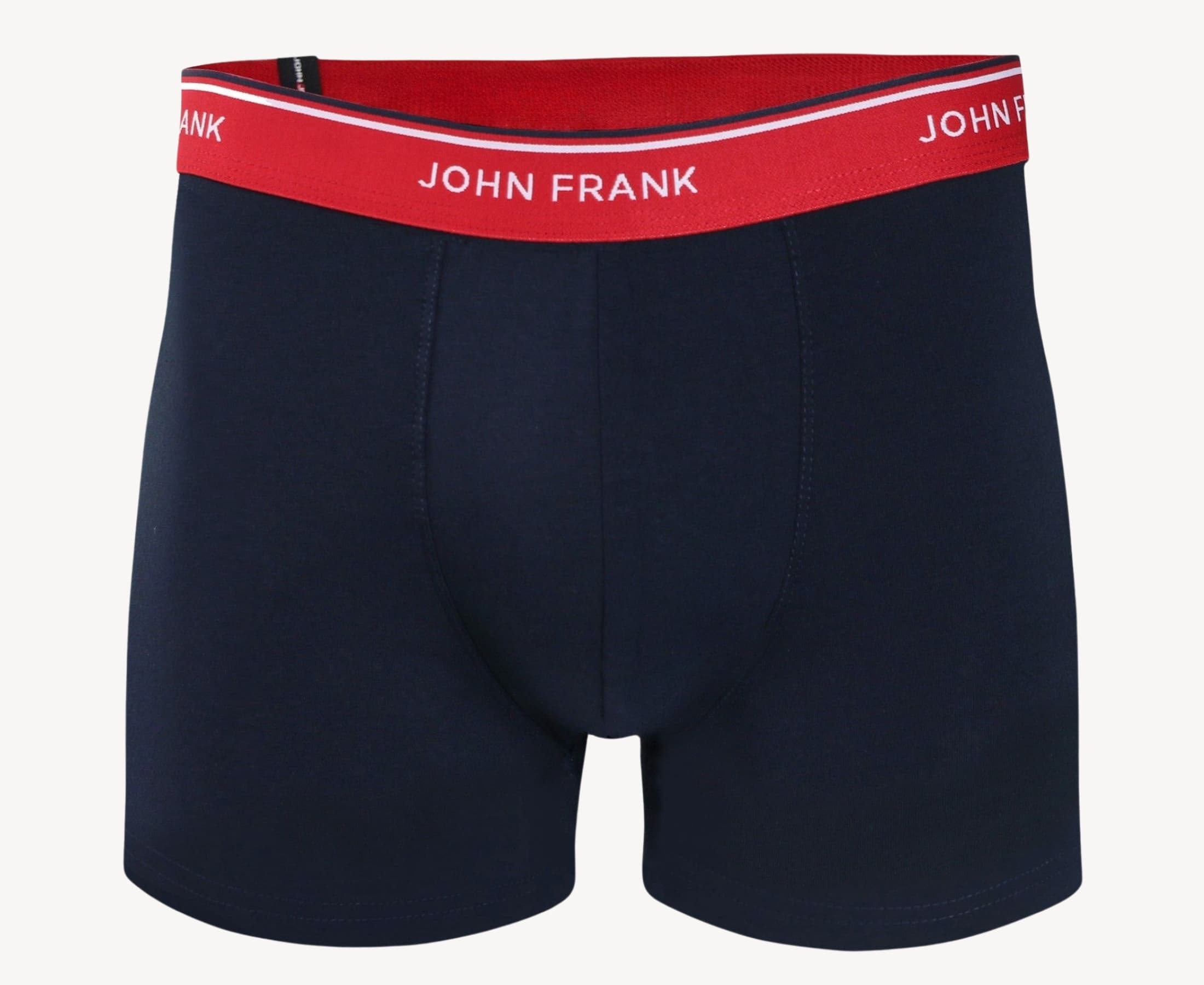 Front view of men’s 95% cotton boxer brief in midnight blue with cherry red striped waistband and soft stretch