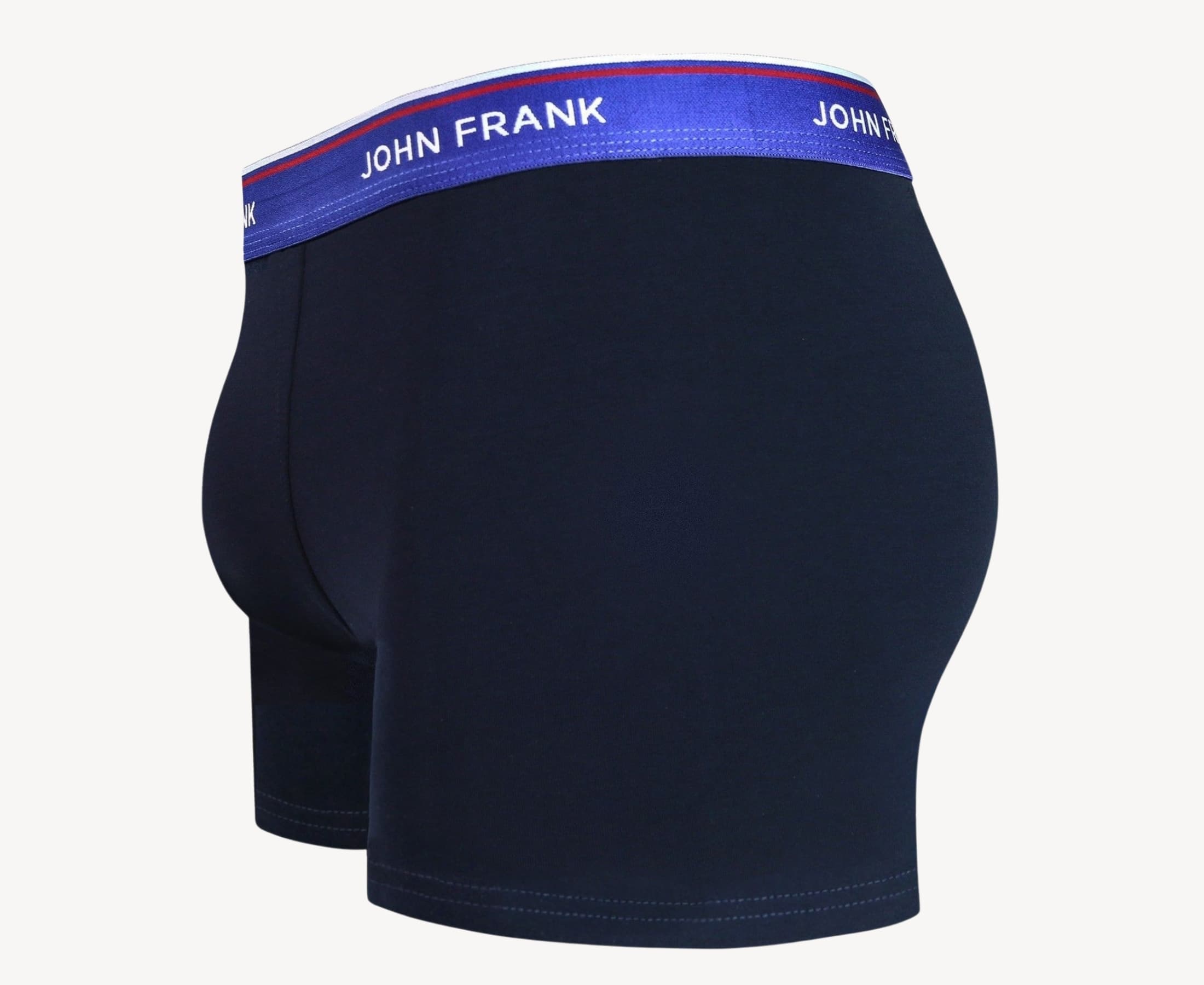 Side view of men’s 95% cotton boxer brief in midnight blue with indigo striped waistband, contoured pouch, and tailored leg cut