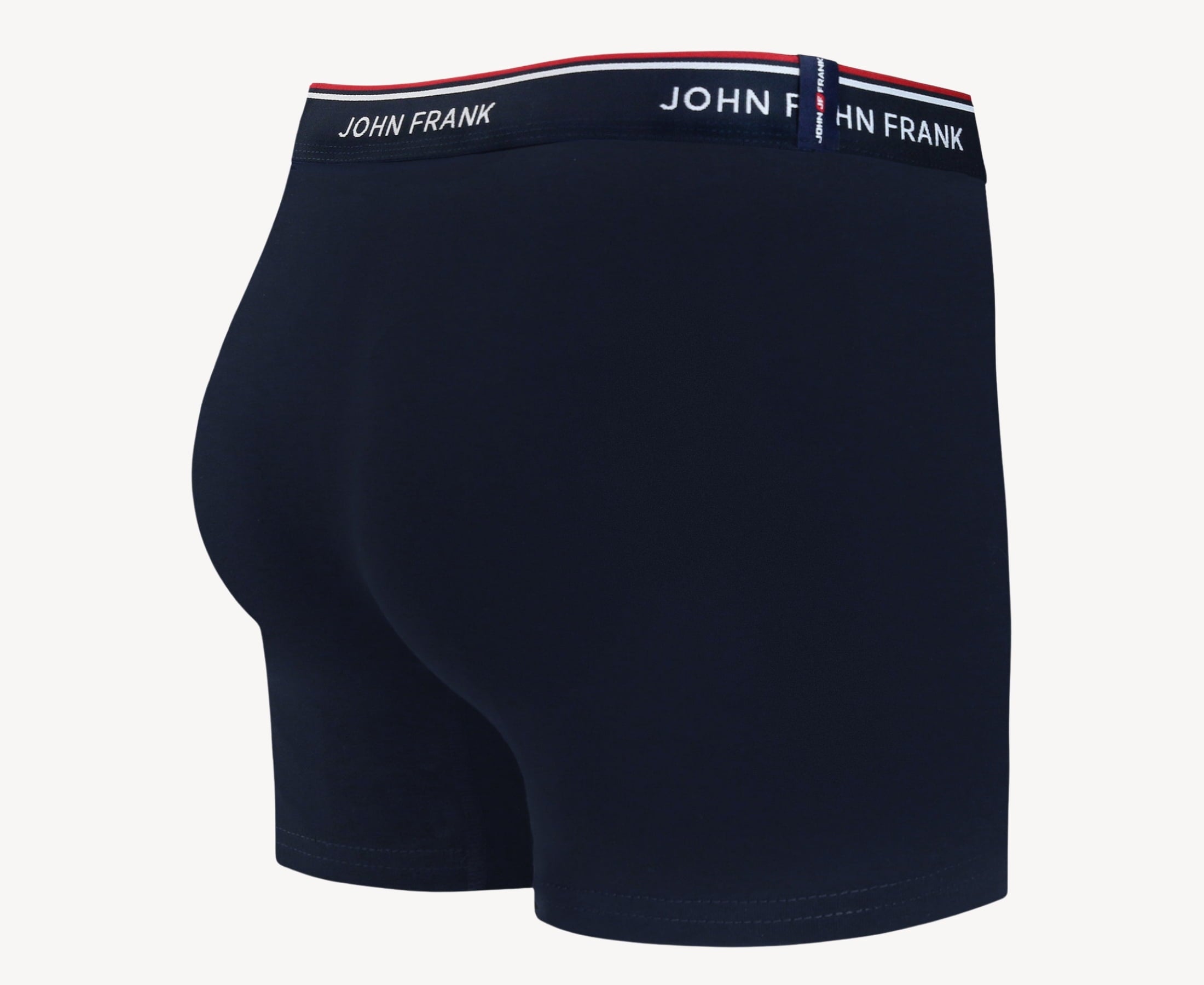 Back view of men’s 95% cotton boxer brief in midnight blue with midnight blue striped waistband and rear detail