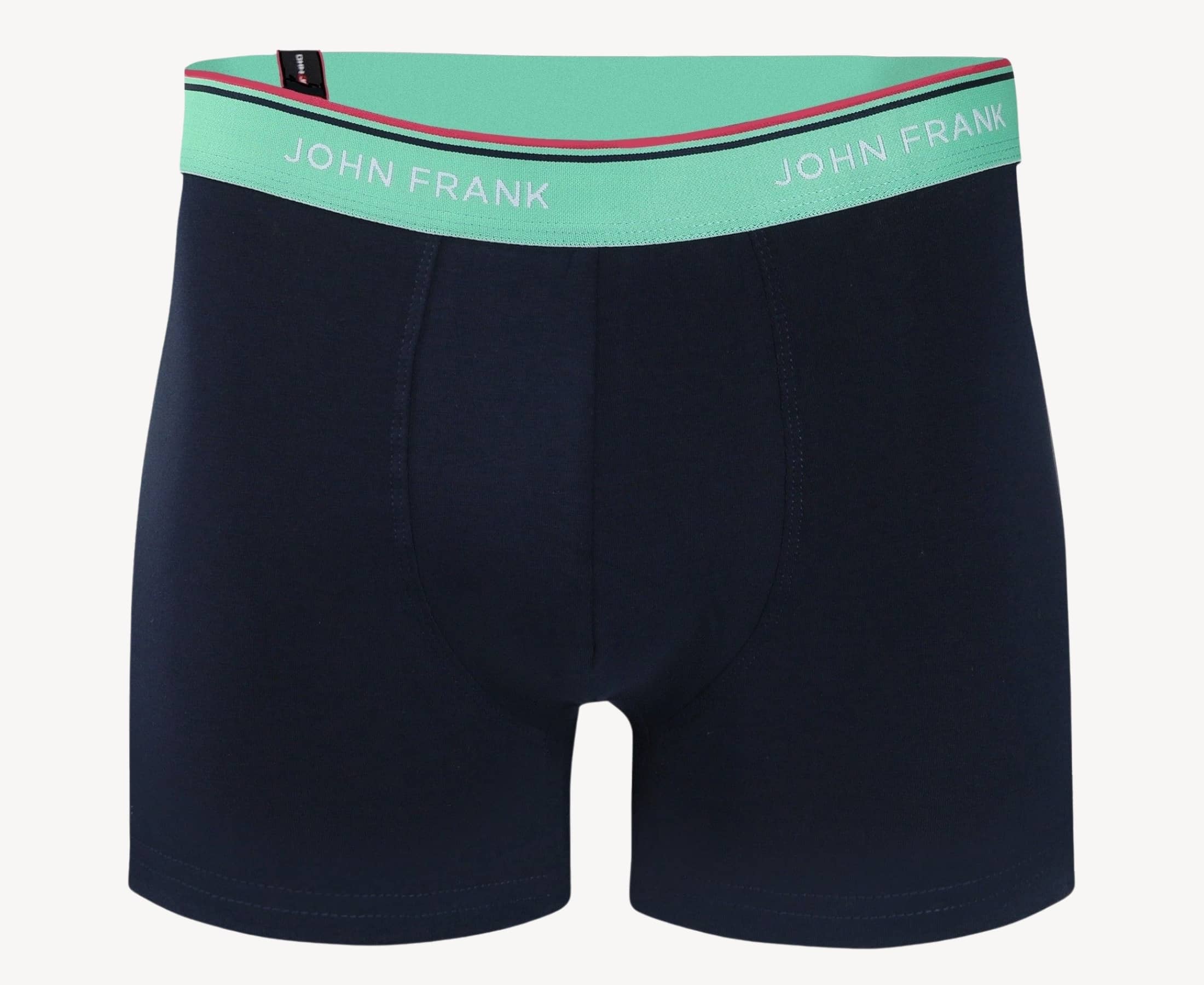 Front view of men’s 95% cotton boxer brief in midnight blue with sea green striped waistband and soft stretch