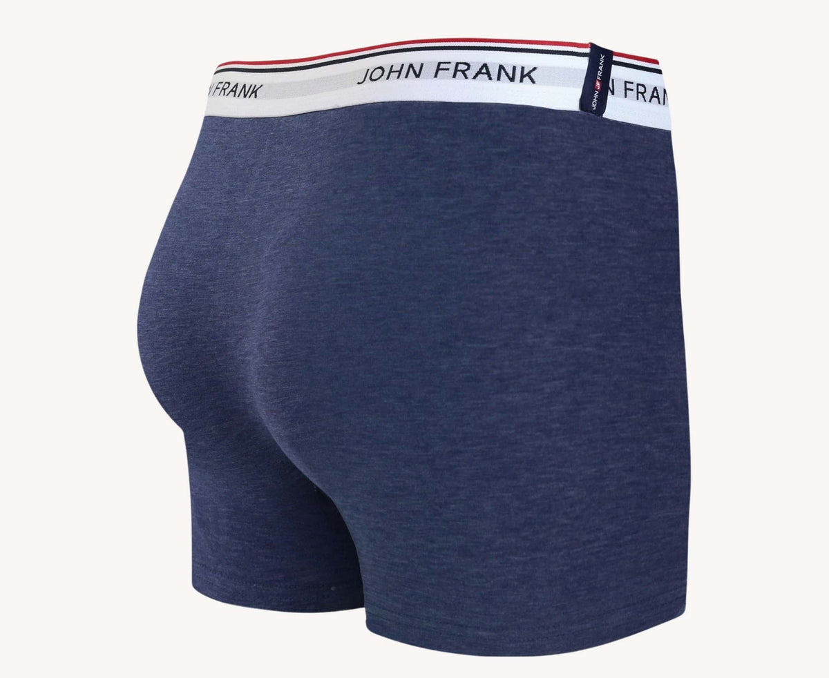 Back view of men’s 95% cotton boxer brief in slate blue with white striped waistband and rear detail