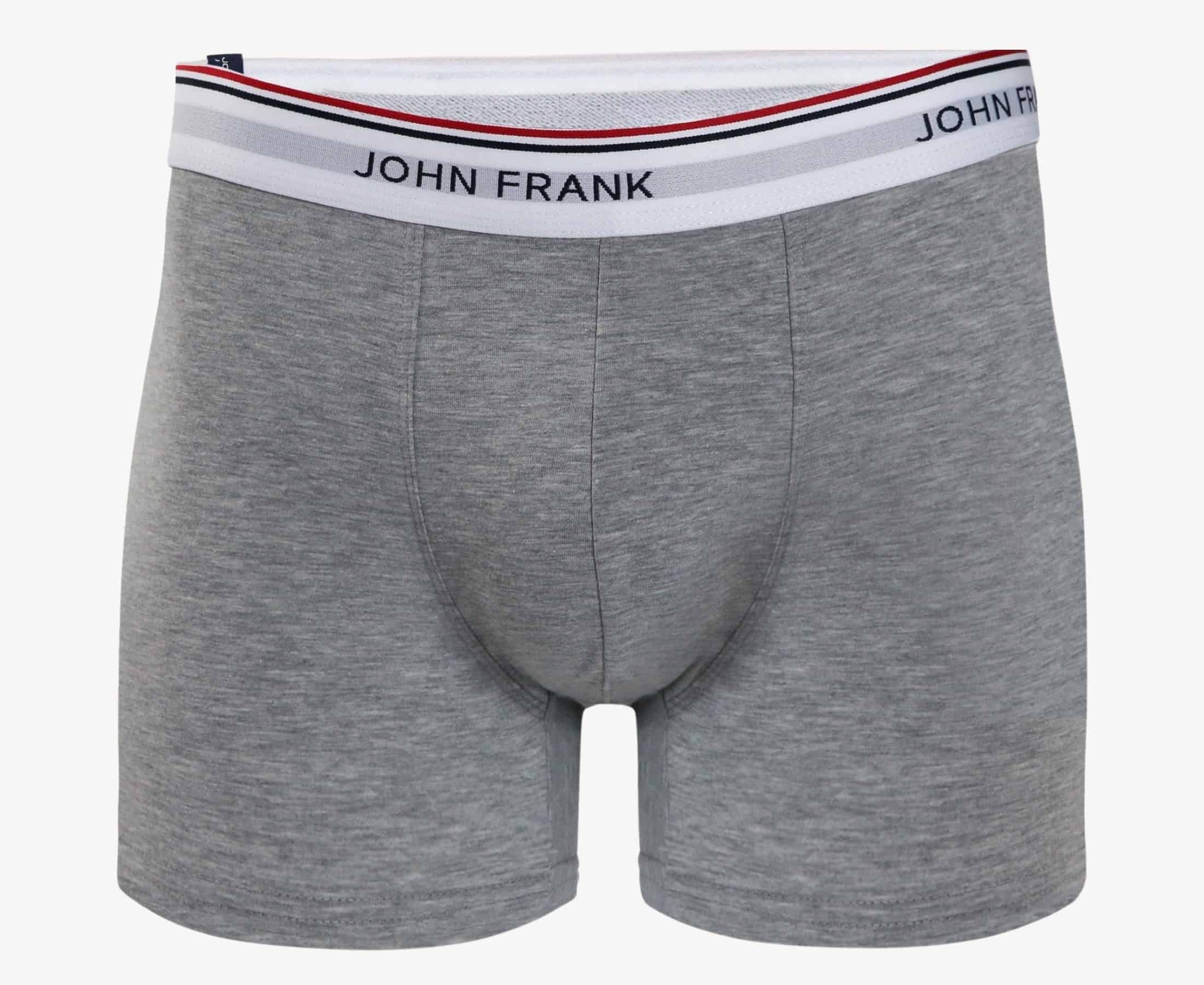 Front view of men’s 95% cotton boxer brief in stone gray with white striped waistband and soft stretch