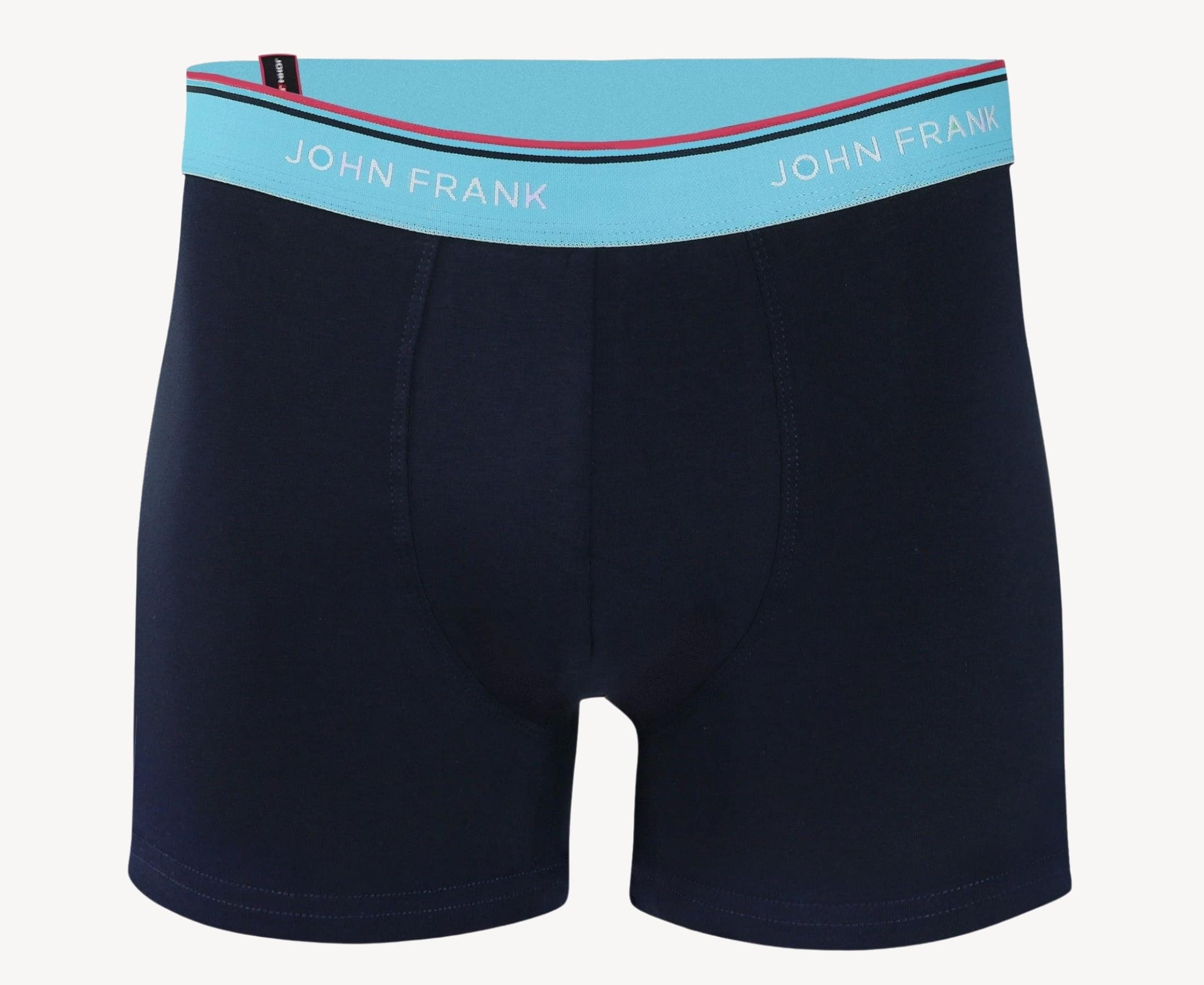 Front view of men’s 95% cotton boxer brief in midnight blue with turquoise striped waistband and soft stretch
