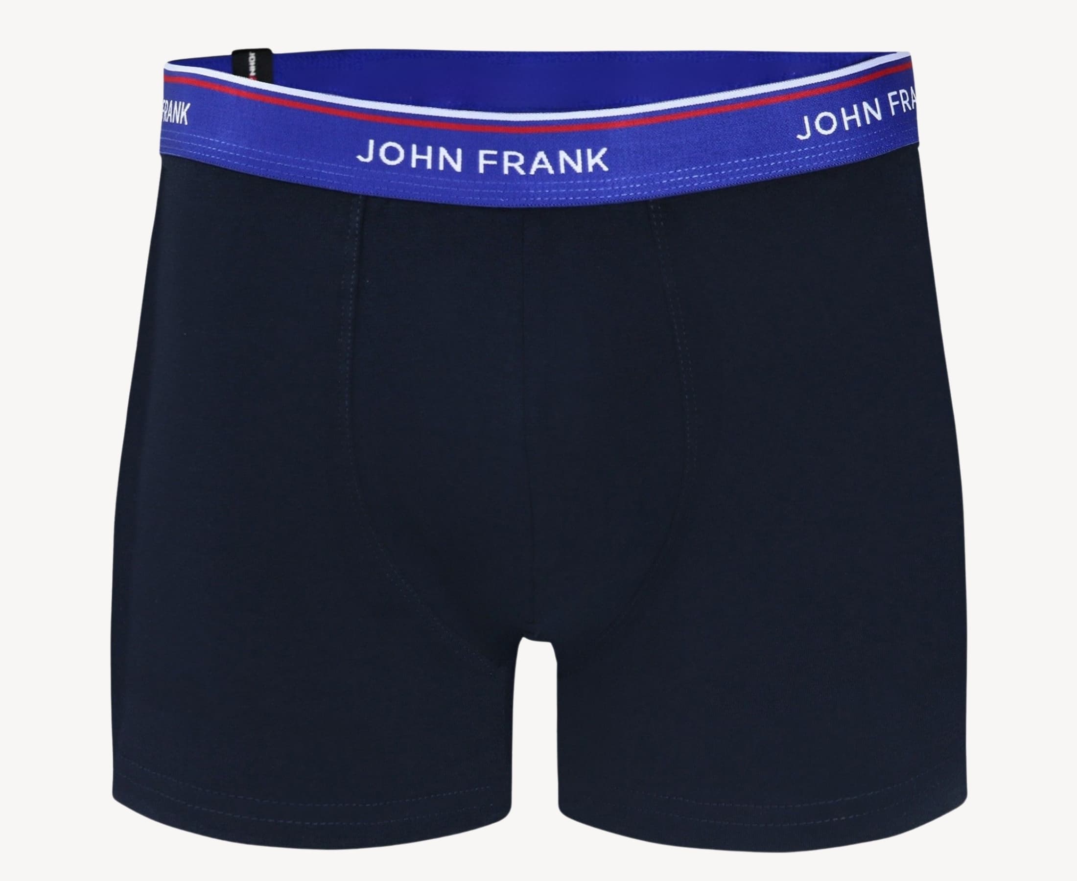 Front view of men’s 95% cotton boxer brief in midnight blue with indigo striped waistband and soft stretch