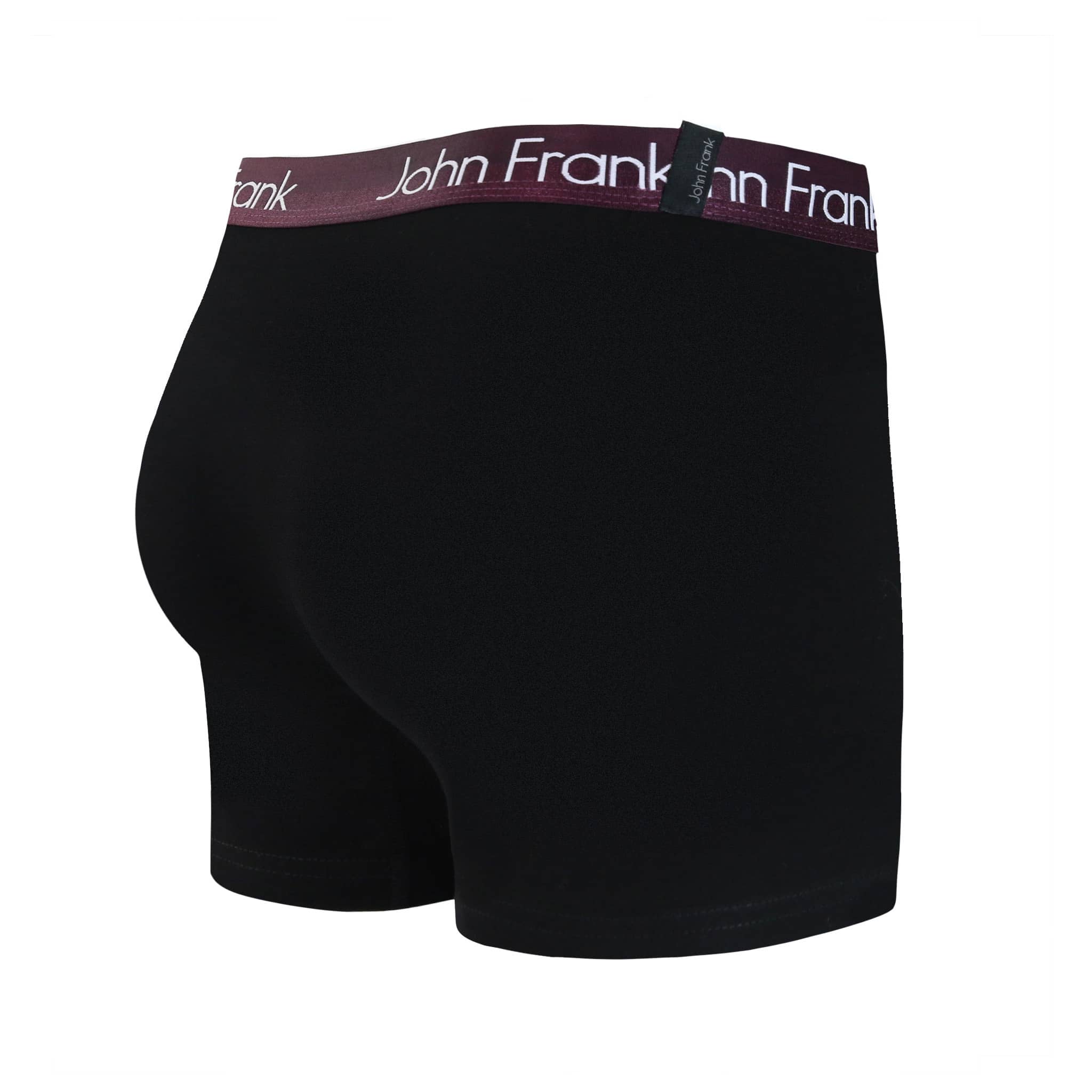 Back view of men’s 95% cotton boxer brief in black with burgundy shiny waistband and rear detail