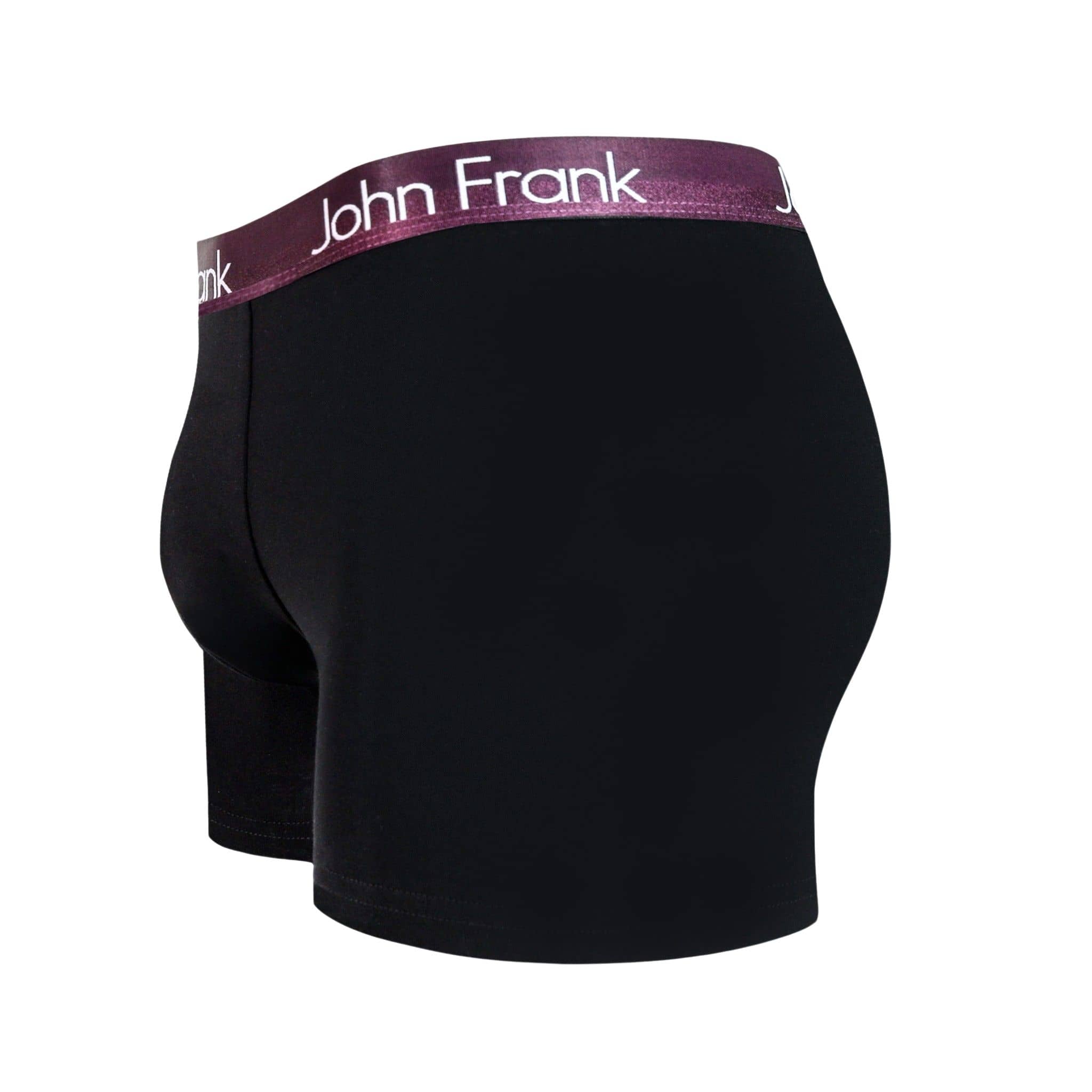 Side view of men’s 95% cotton boxer brief in black with burgundy shiny waistband, contoured pouch, and tailored leg cut