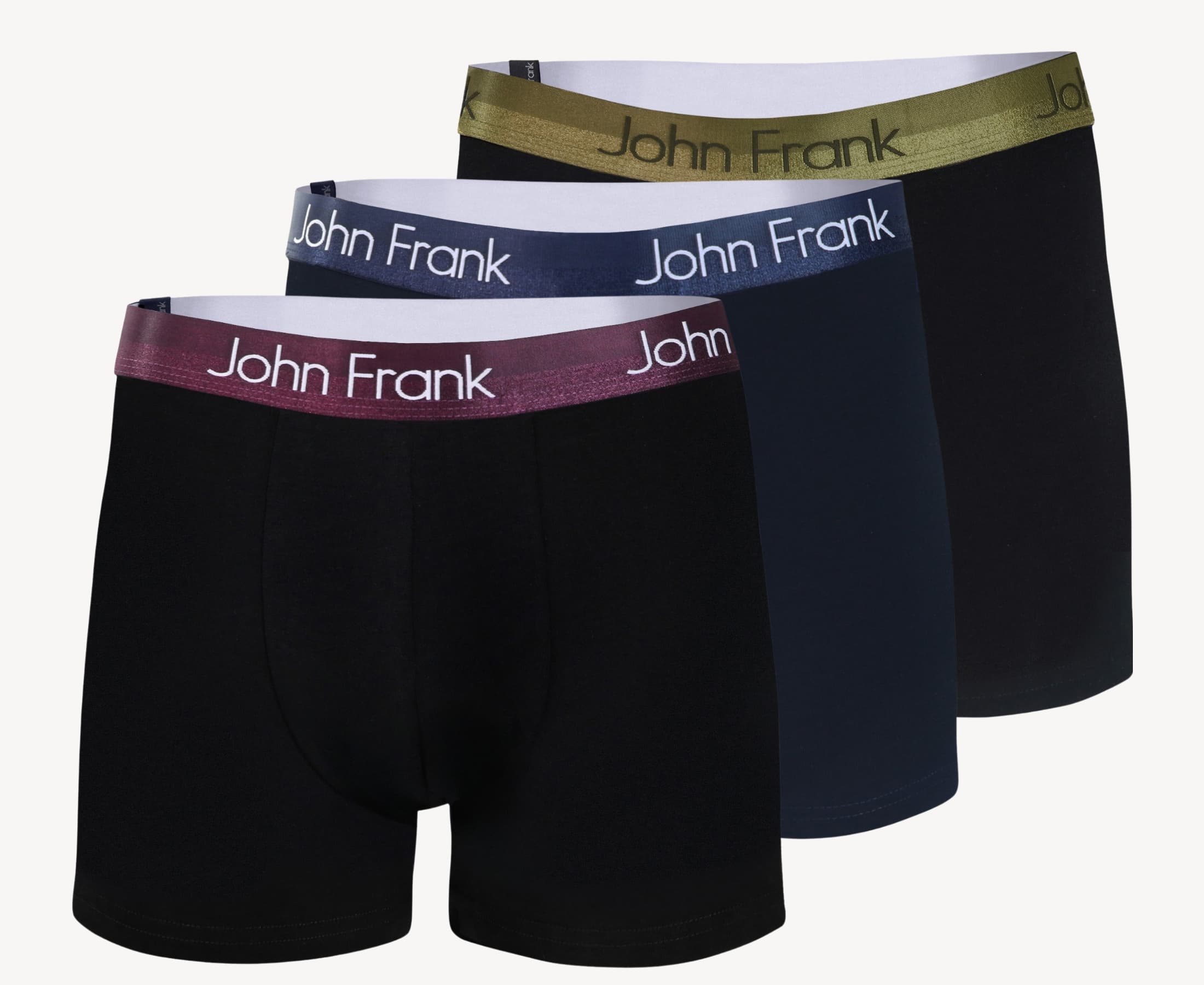 Full pack view of men’s 95% cotton boxer brief 3-pack — 2 black with burgundy and yellow metal shiny waistbands and one navy with navy waistband