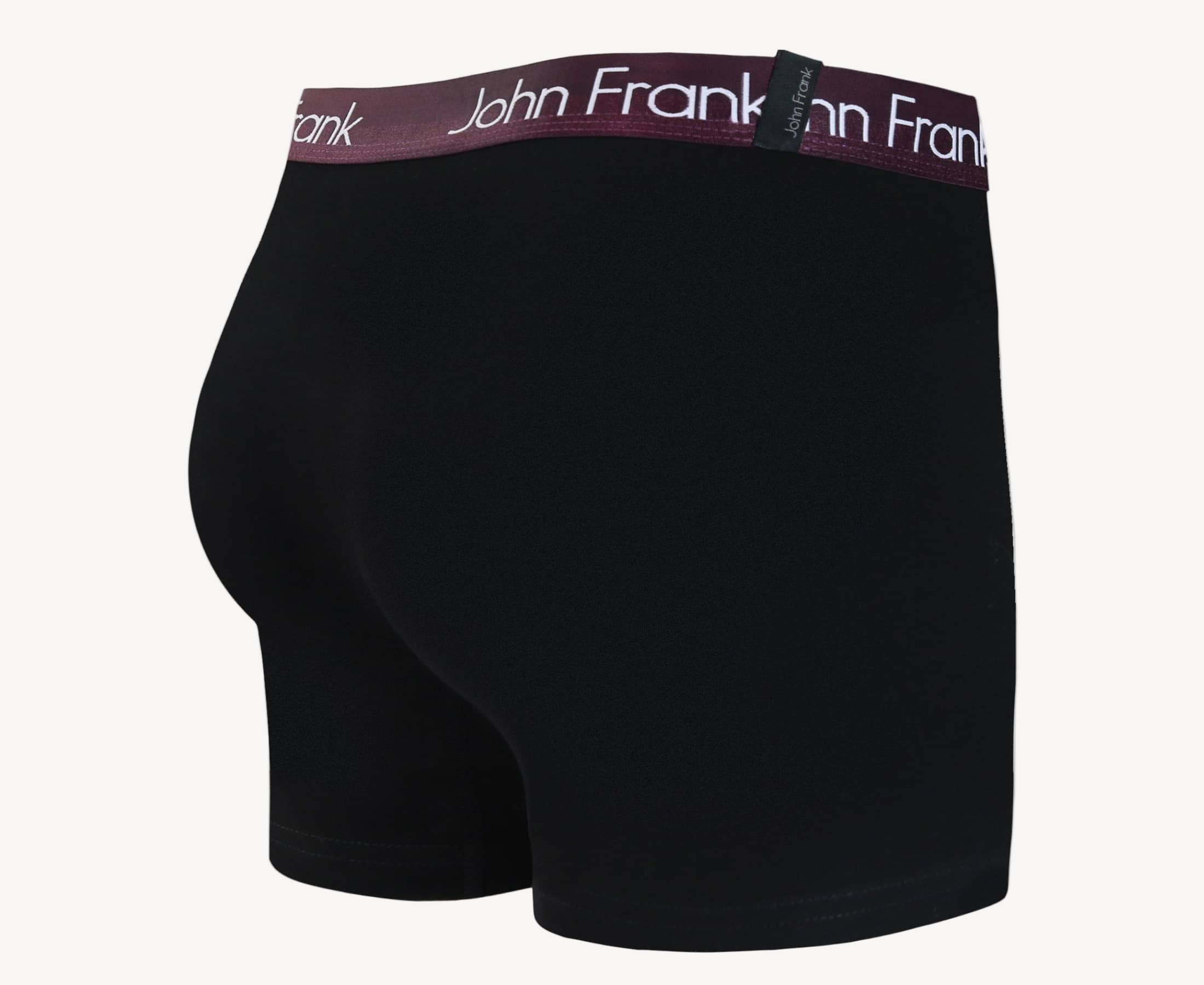 Back view of men’s 95% cotton boxer brief in black with burgundy shiny waistband and rear detail