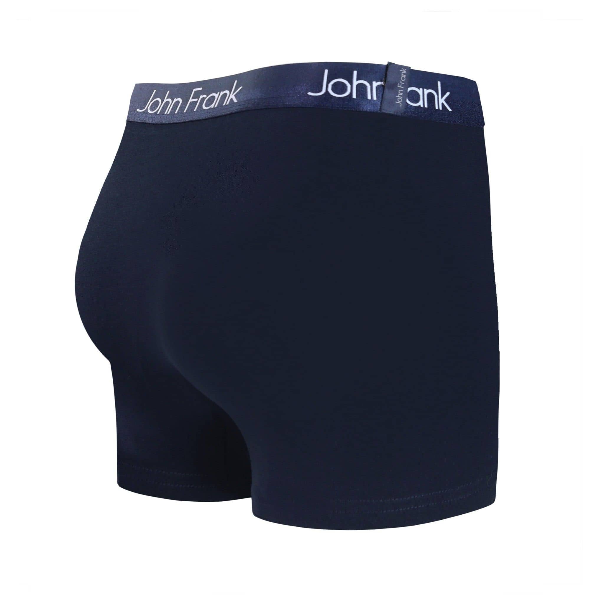 Back view of men’s 95% cotton boxer brief in navy with navy shiny waistband and rear detail