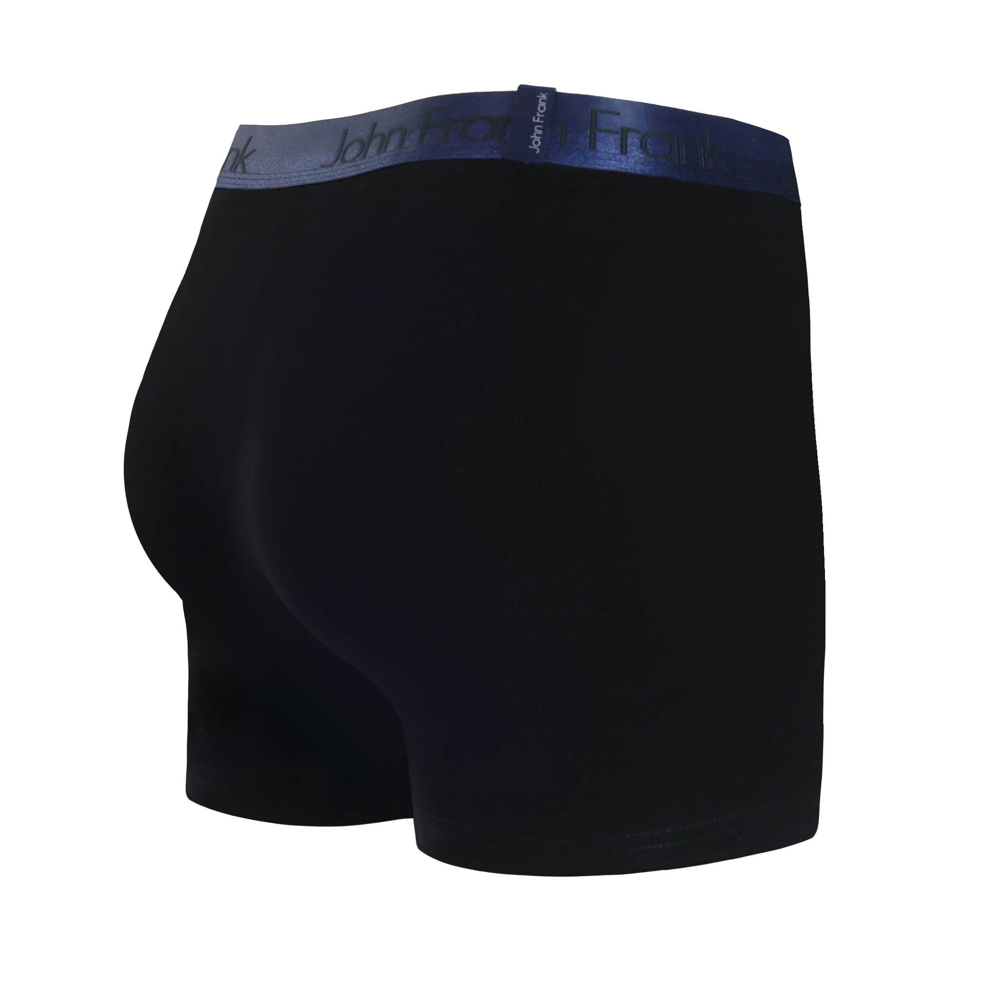 Back view of men’s 95% cotton boxer brief in black with navy shiny waistband and rear detail