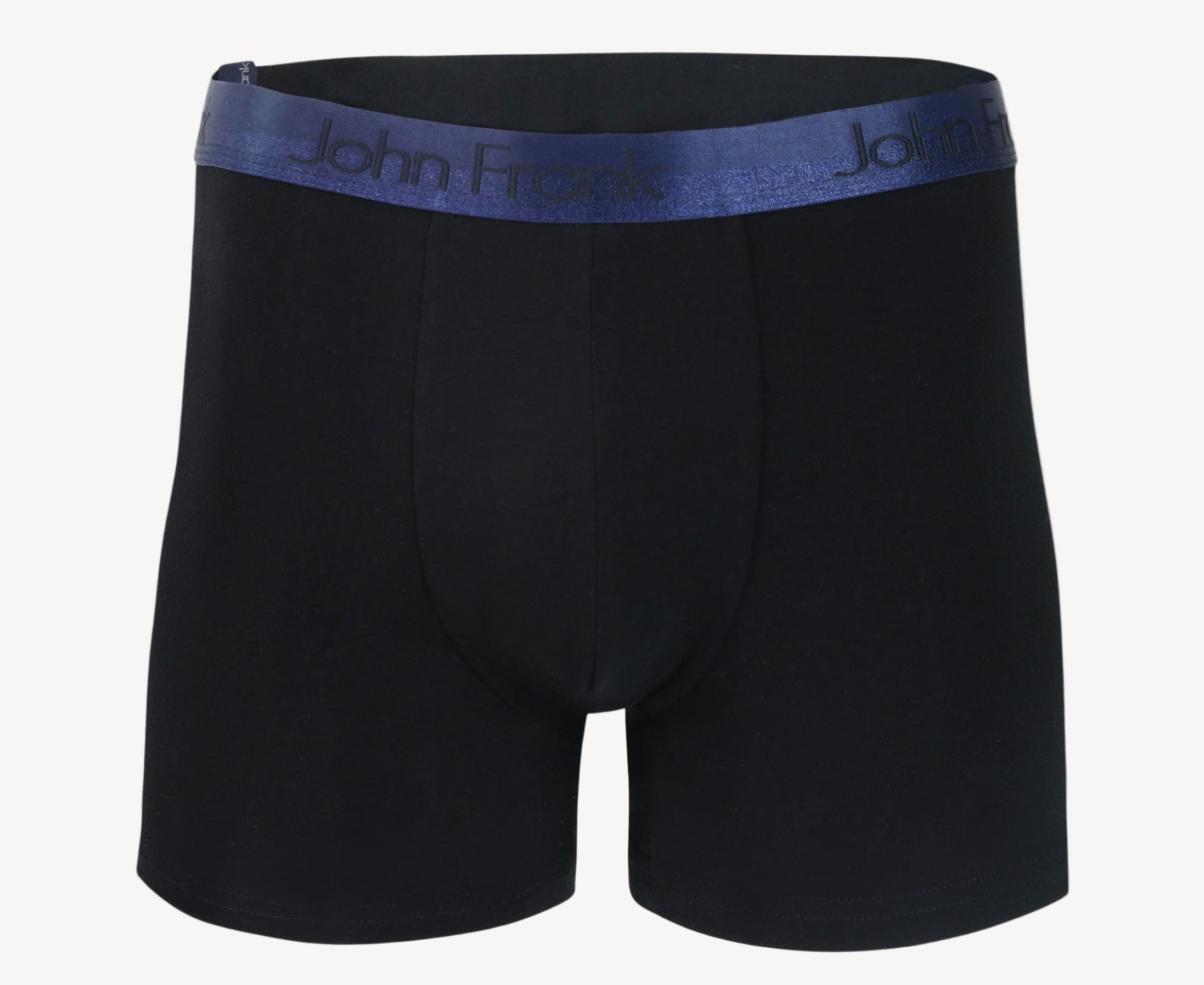 Front view of men’s 95% cotton boxer brief in black with navy shiny waistband, invisible seams and soft stretch