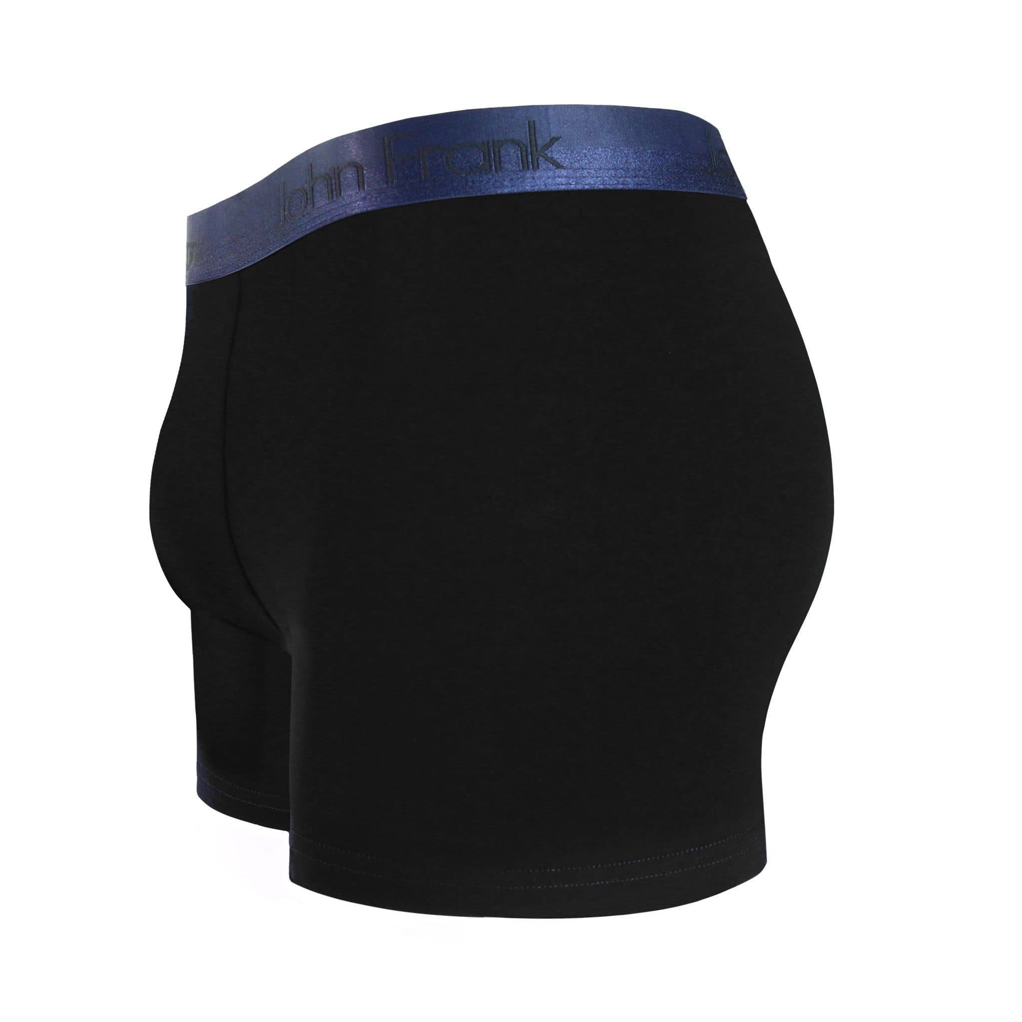 Side view of men’s 95% cotton boxer brief in black with navy shiny waistband, contoured pouch, and tailored leg cut