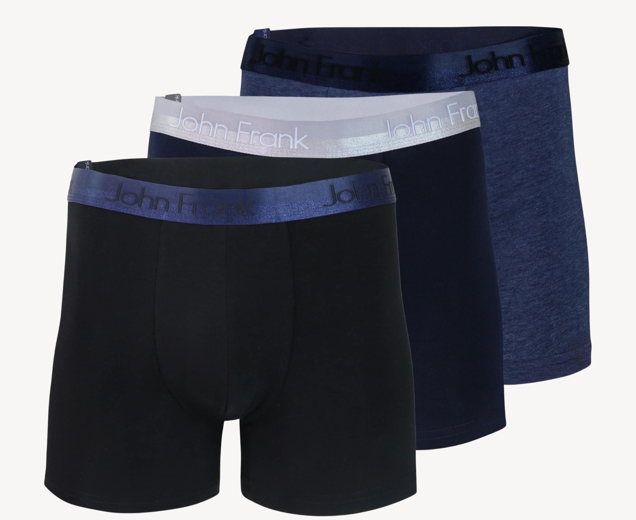 Full pack view of men’s 95% cotton boxer brief 3-pack — one black with navy shiny waistband, one navy with white shiny waistband, and one slate blue with dark blue shiny waistband