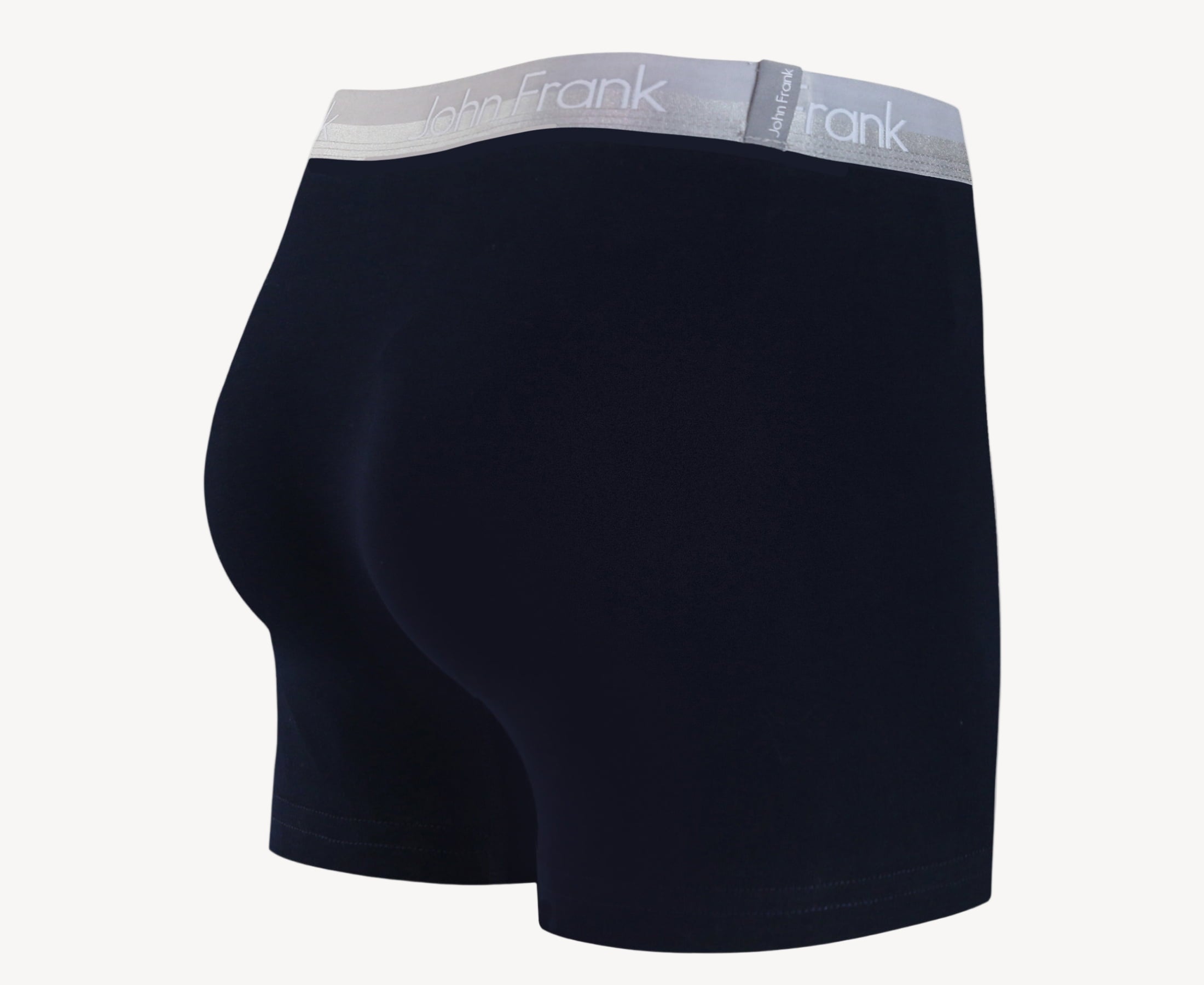 Back view of men’s 95% cotton boxer brief in navy with white shiny waistband and rear detail