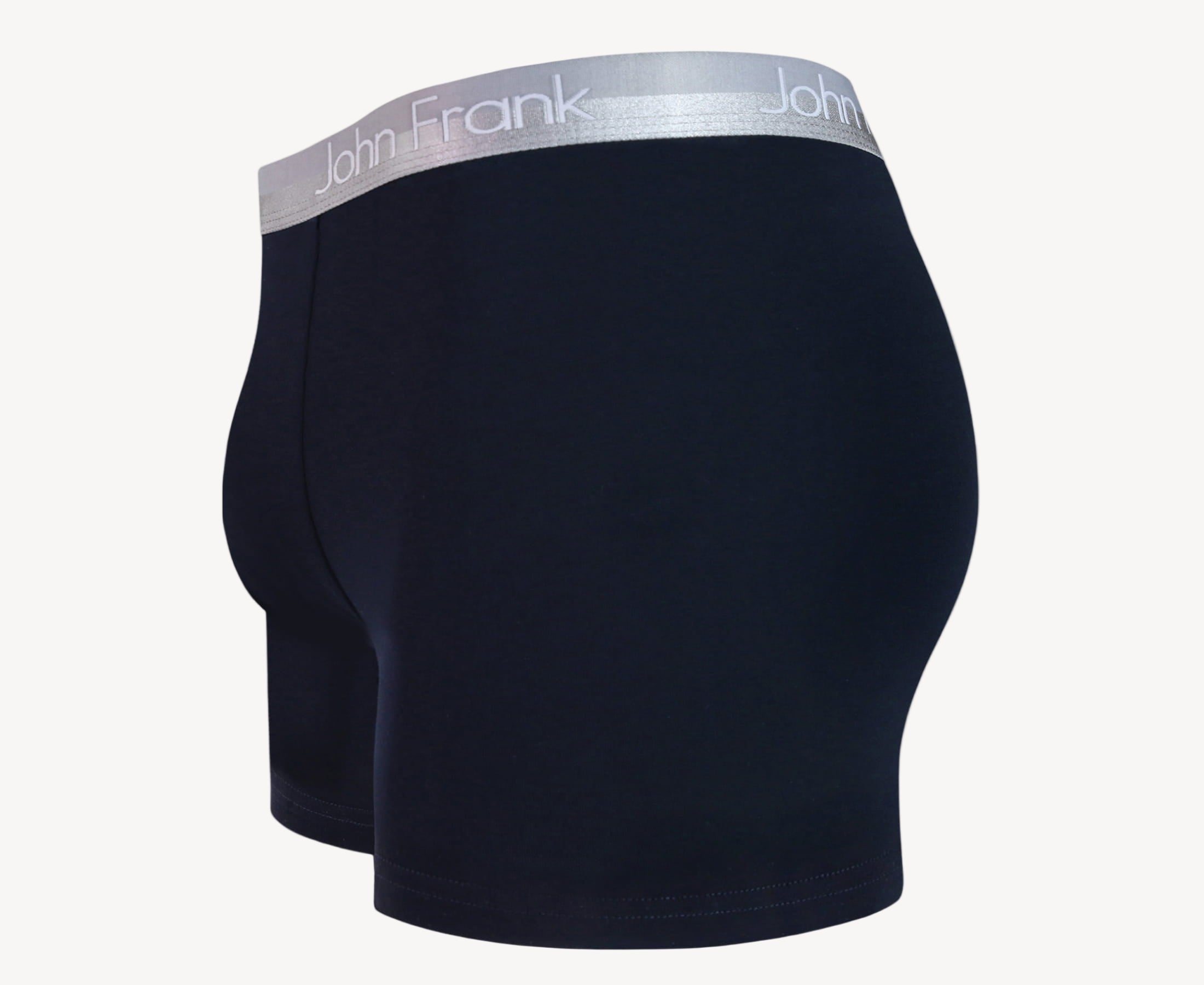 Side view of men’s 95% cotton boxer brief in navy with white shiny waistband, contoured pouch, and tailored leg cut