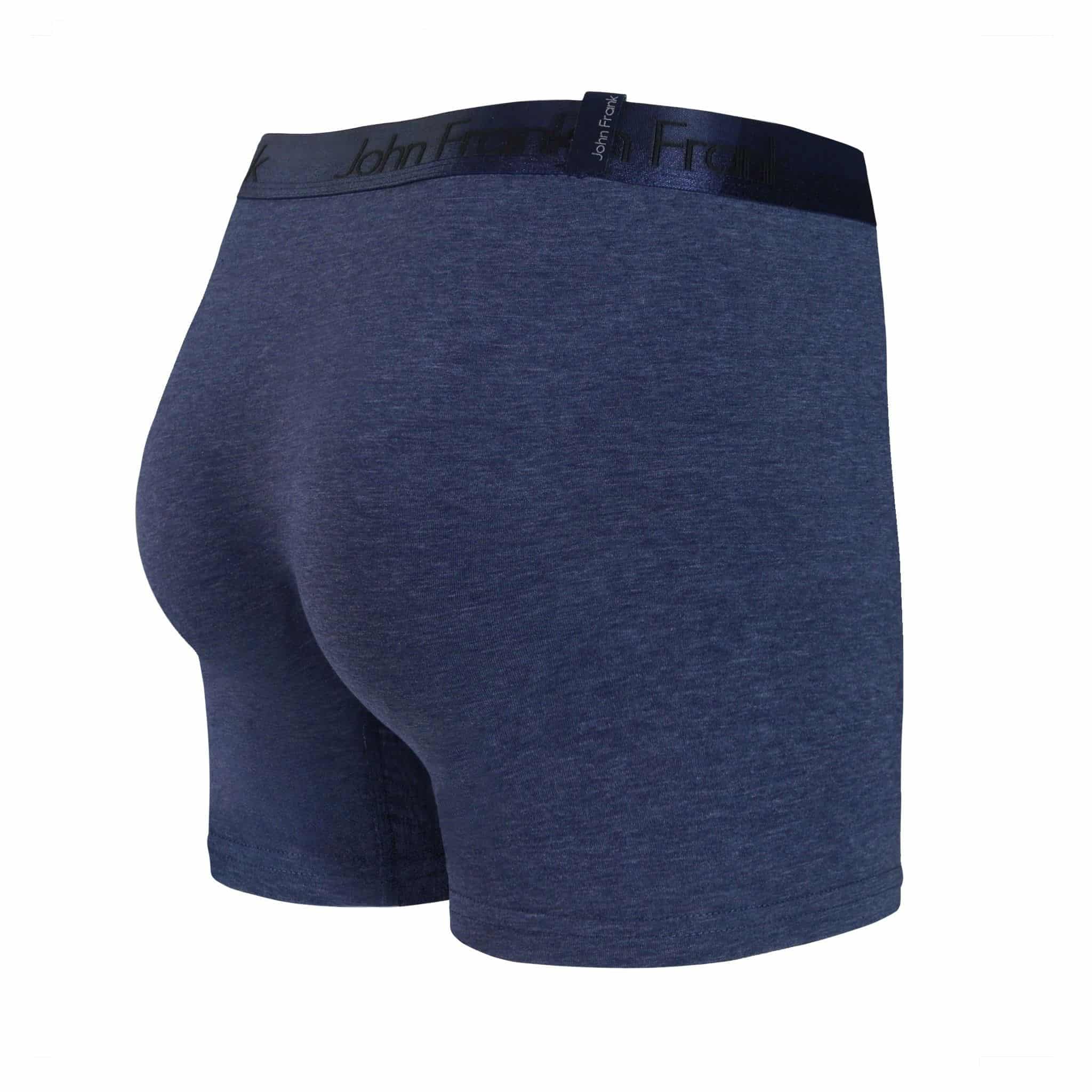 Back view of men’s 95% cotton boxer brief in slate blue with dark blue shiny waistband and rear detail