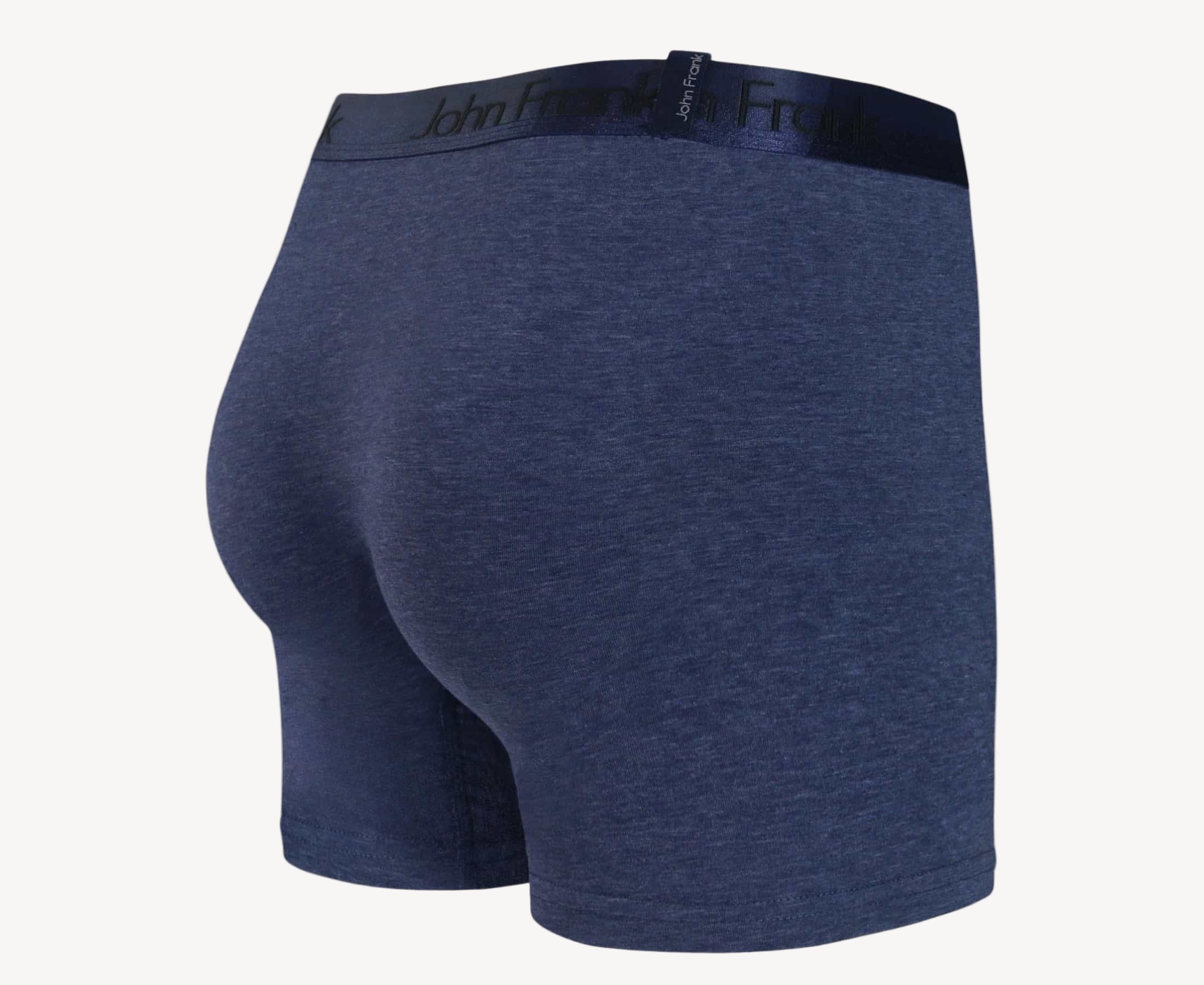 Back view of men’s 95% cotton boxer brief in slate blue with dark blue shiny waistband and rear detail