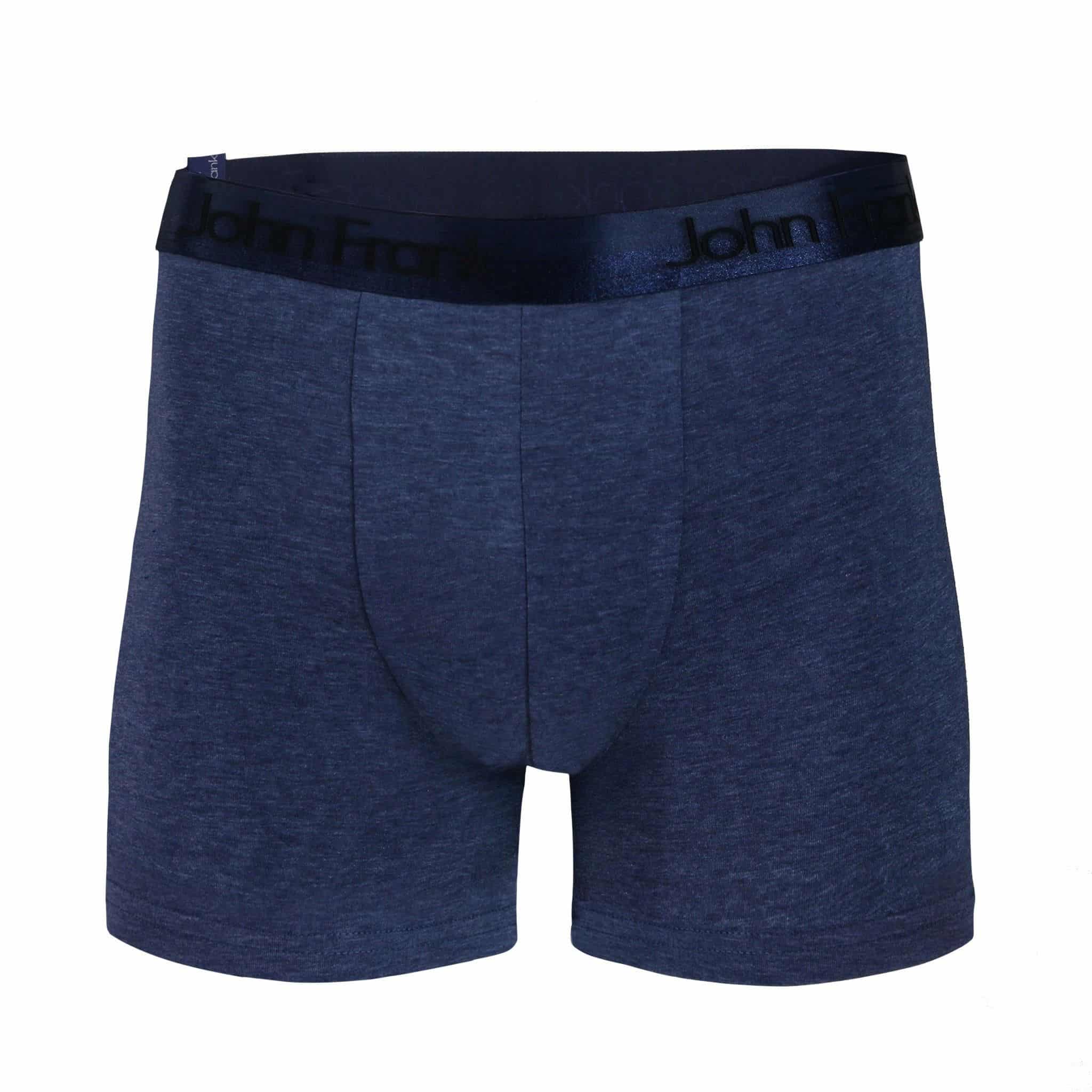 Front view of men’s 95% cotton boxer brief in slate blue with dark blue shiny waistband, invisible seams and soft stretch