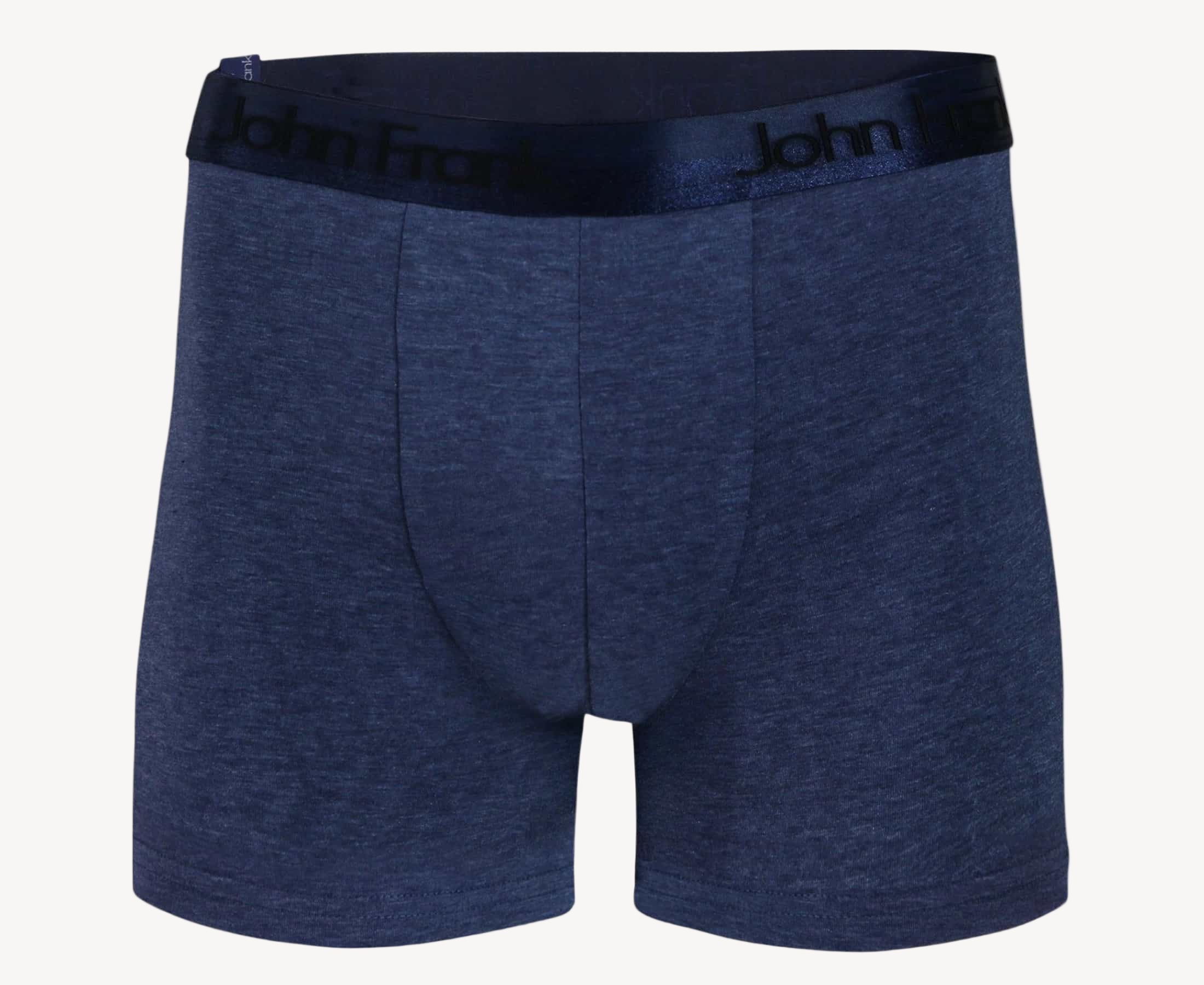 Front view of men’s 95% cotton boxer brief in slate blue with dark blue shiny waistband, invisible seams and soft stretch