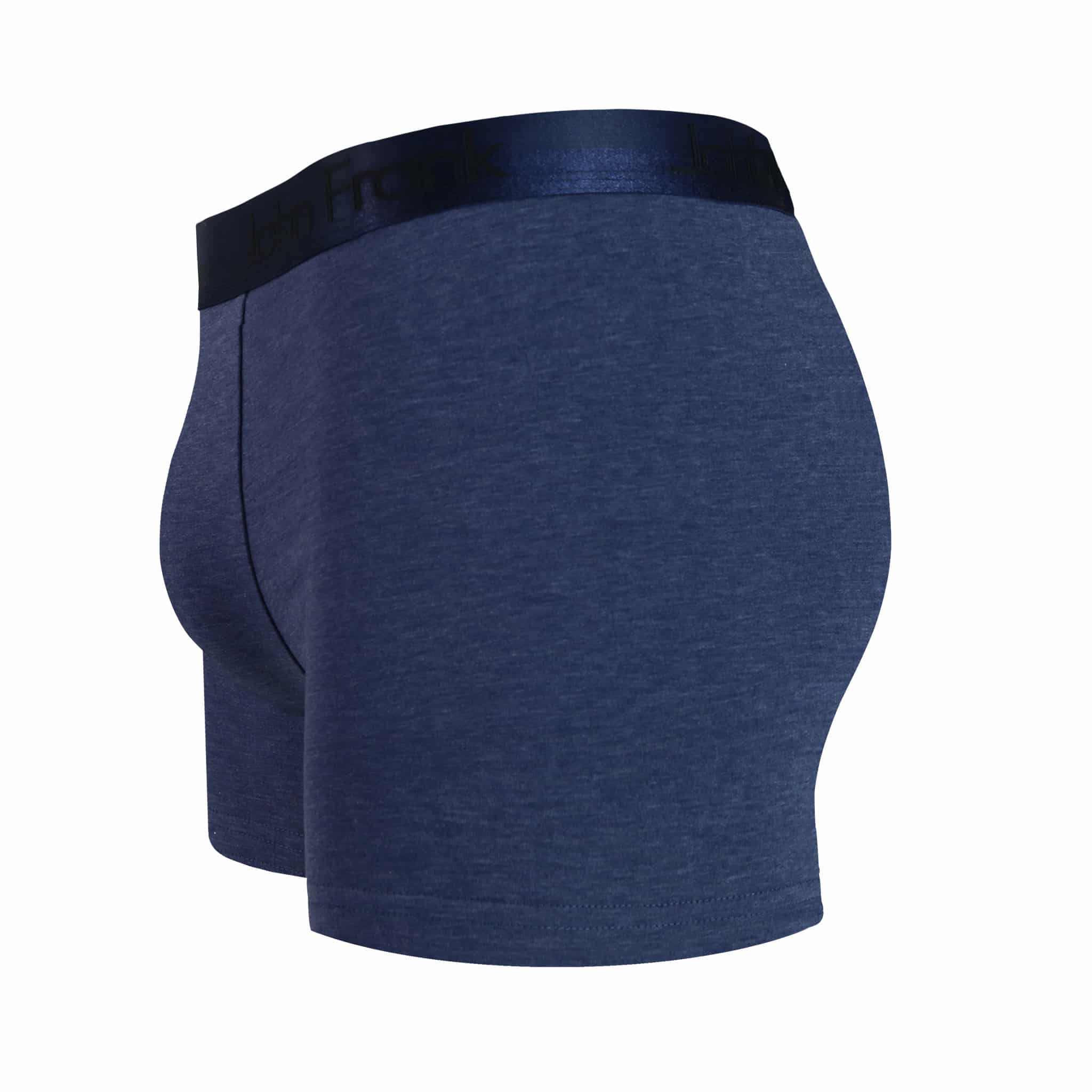 Side view of men’s 95% cotton boxer brief in slate blue with dark blue shiny waistband, contoured pouch, and tailored leg cut