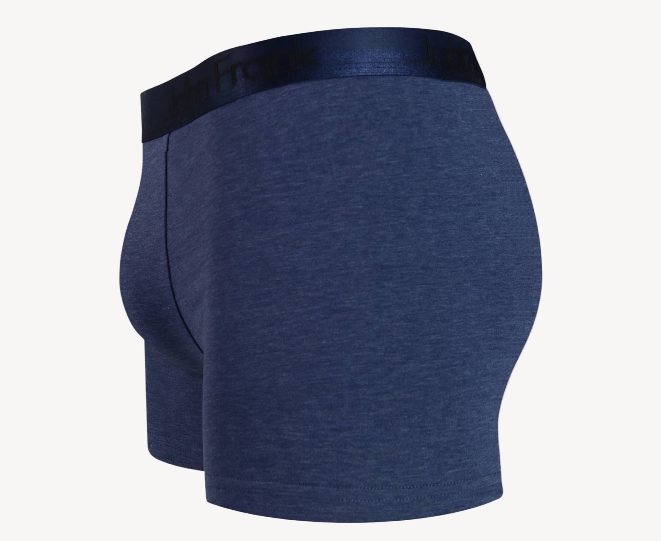 Side view of men’s 95% cotton boxer brief in slate blue with dark blue shiny waistband, contoured pouch, and tailored leg cut