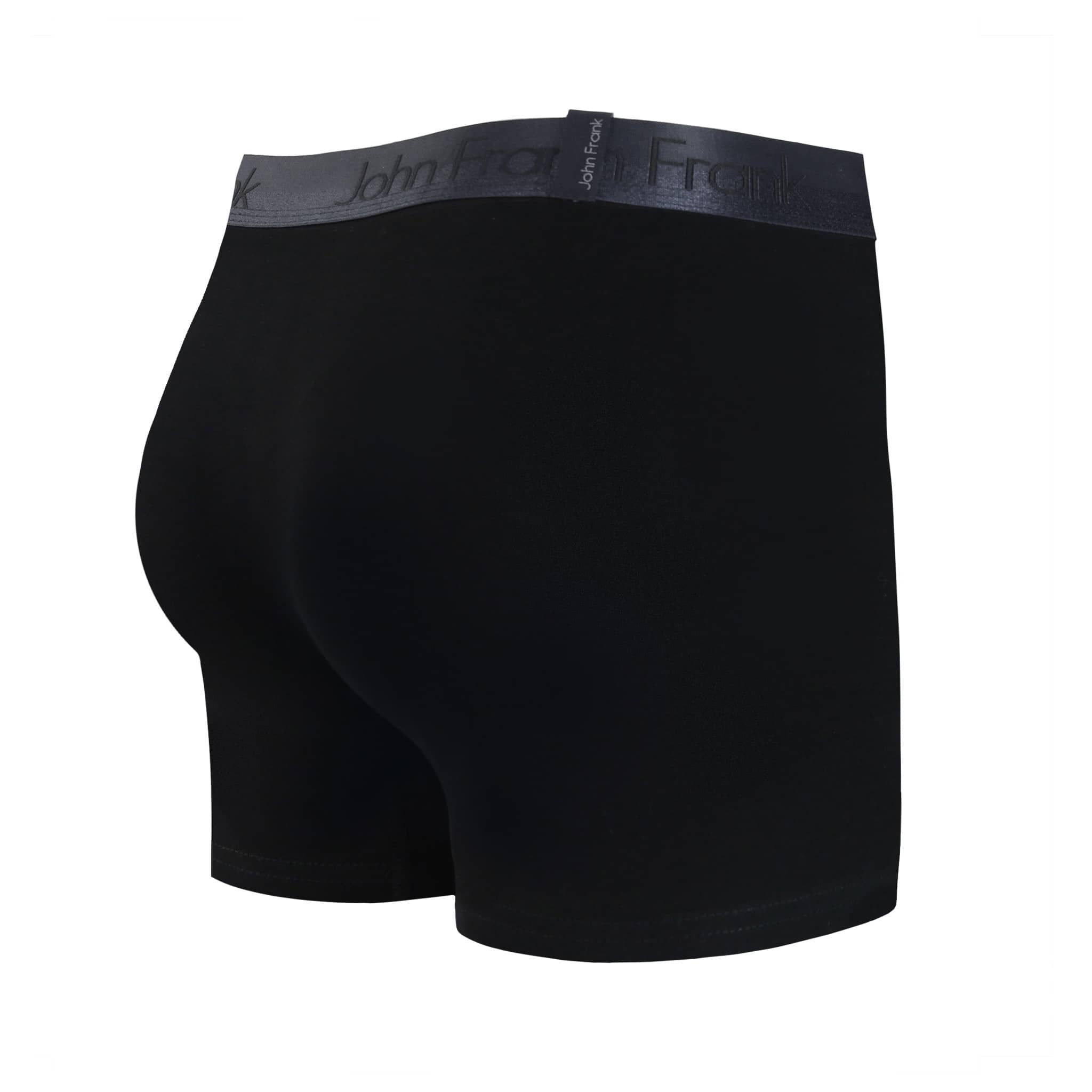 Back view of men’s 95% cotton boxer brief in black with pitch black shiny waistband and rear detail
