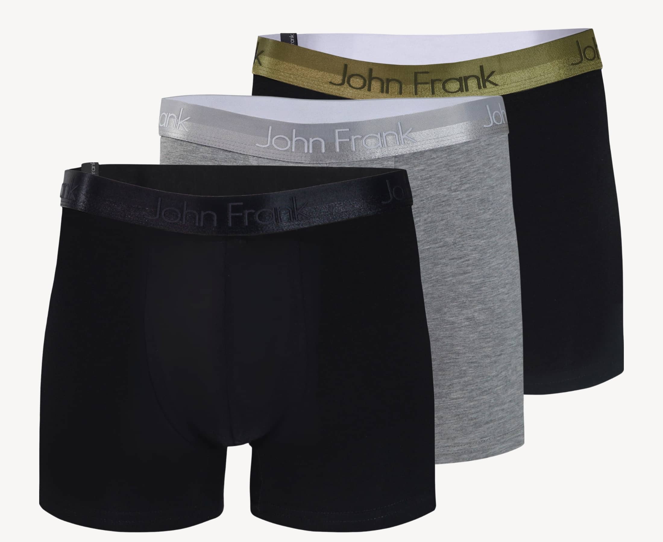 Full pack view of men’s 95% cotton boxer brief 3-pack — one black with pitch black shiny waistband, one stone gray with gray shiny waistband, and one black with yellow-metal shiny waistband
