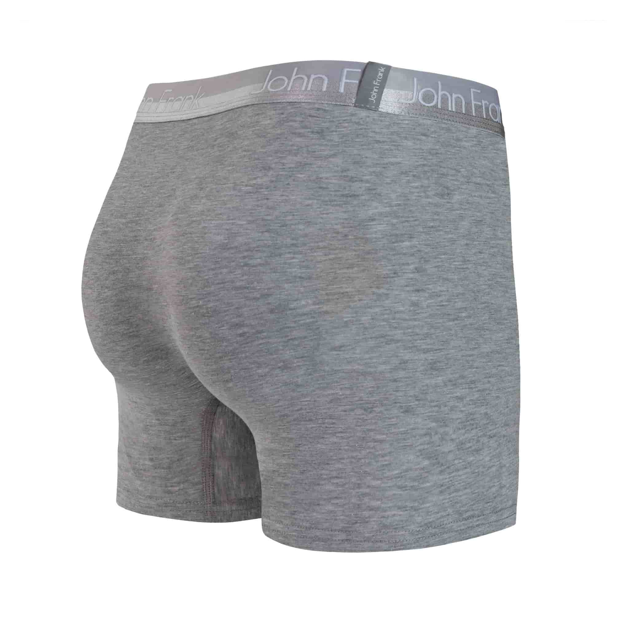 Back view of men’s 95% cotton boxer brief in stone gray with gray shiny waistband and rear detail
