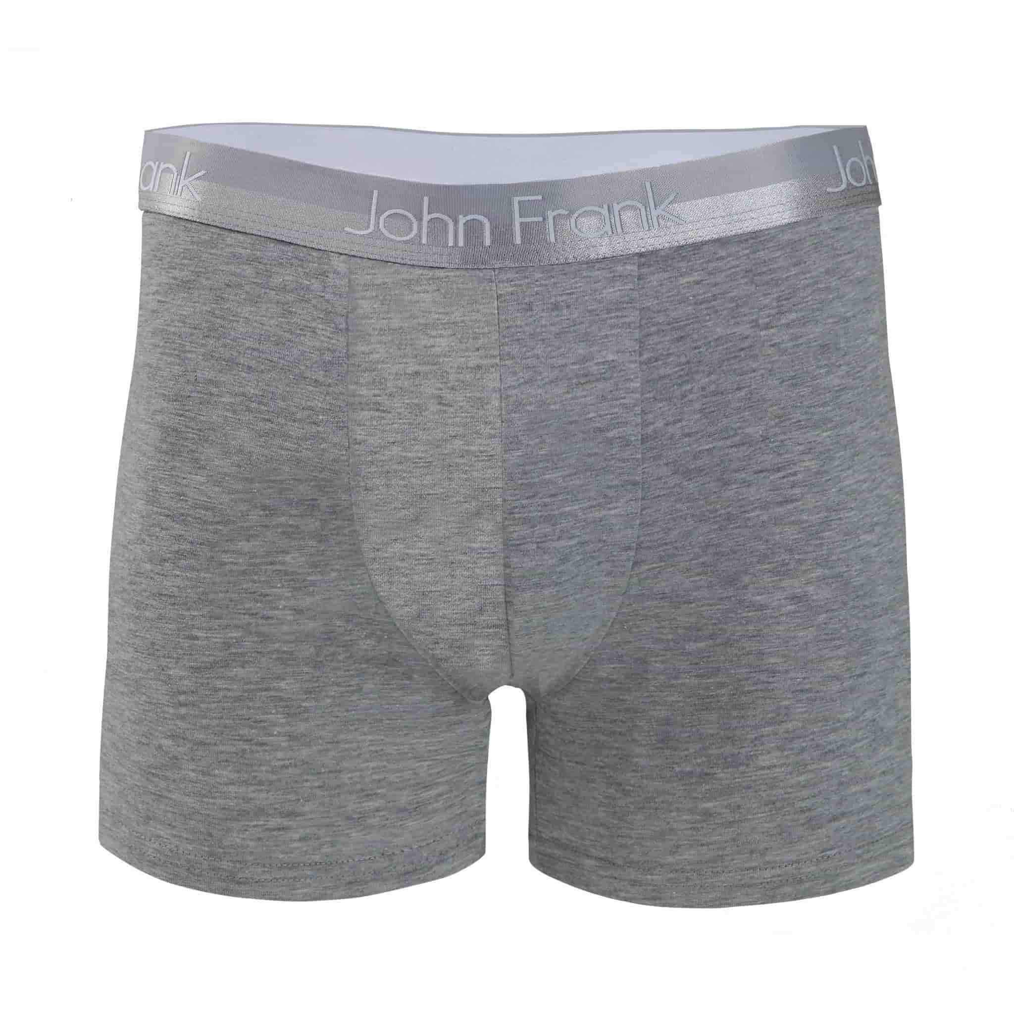 Front view of men’s 95% cotton boxer brief in stone gray with gray shiny waistband, invisible seams and soft stretch