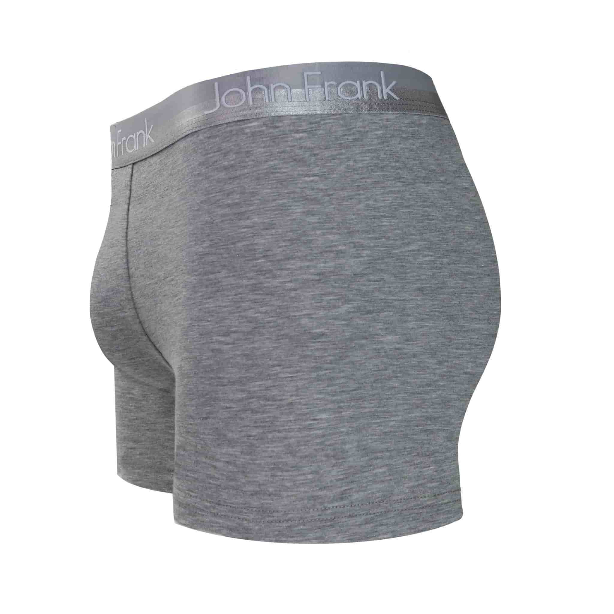 Side view of men’s 95% cotton boxer brief in stone gray with gray shiny waistband, contoured pouch, and tailored leg cut
