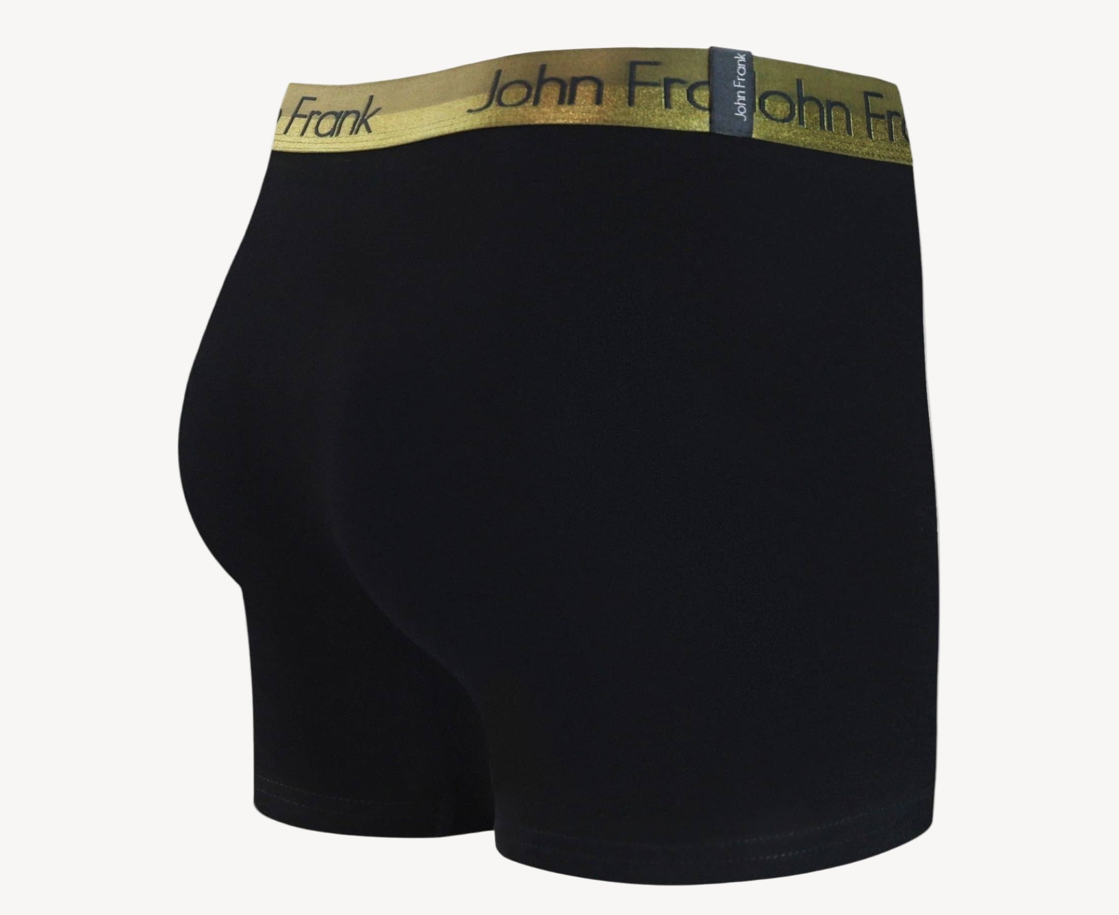 Back view of men’s 95% cotton boxer brief in black with yellow-metal shiny waistband and rear detail