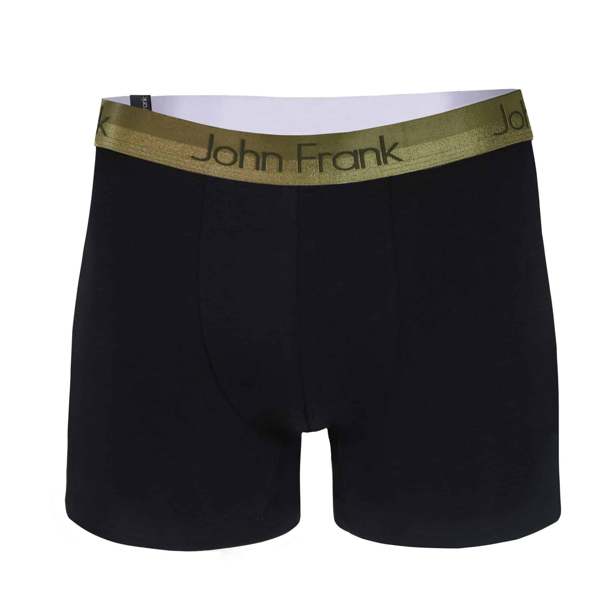 Front view of men’s 95% cotton boxer brief in black with yellow-metal shiny waistband, invisible seams and soft stretch