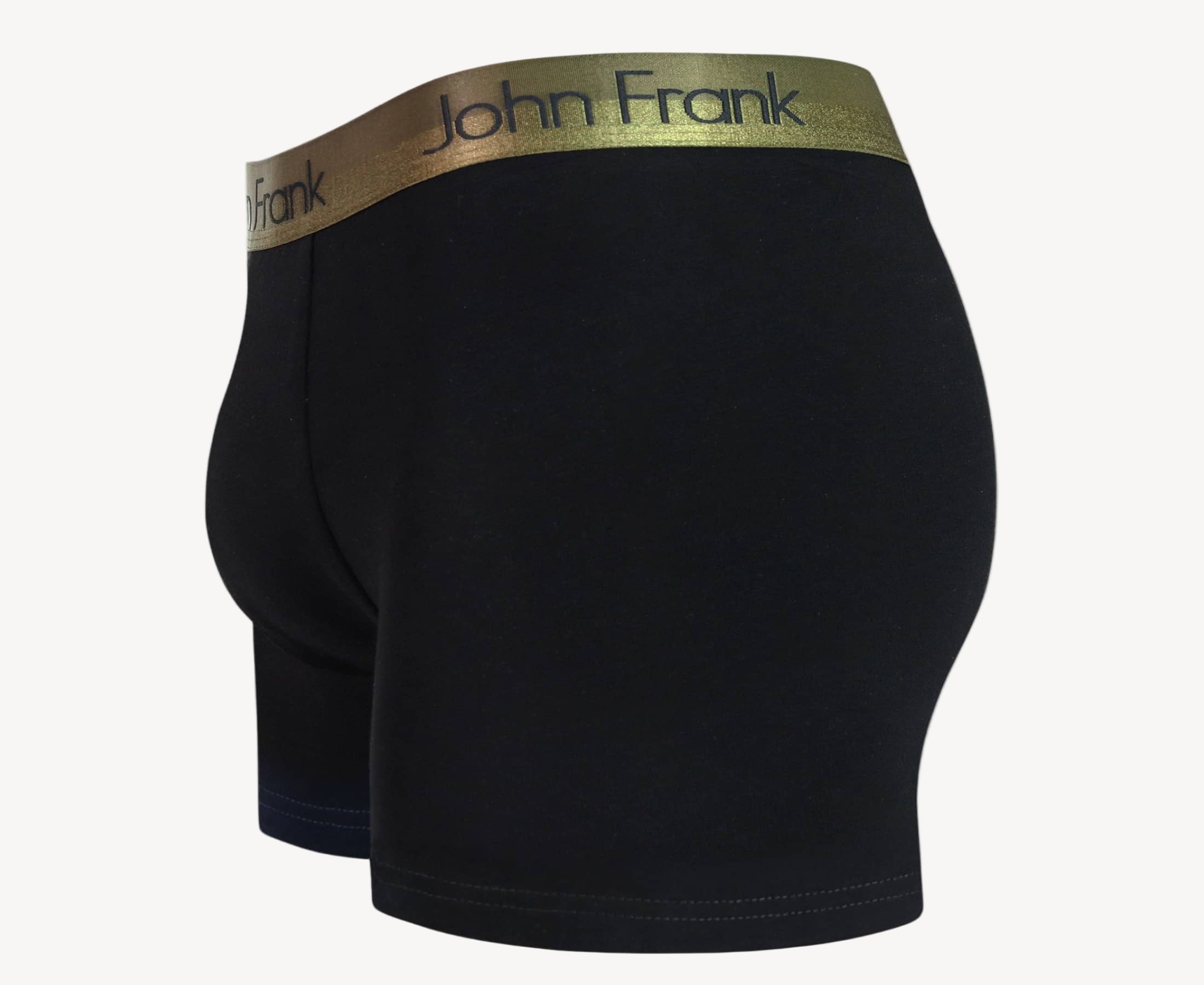 Side view of men’s 95% cotton boxer brief in black with yellow-metal shiny waistband, contoured pouch, and tailored leg cut