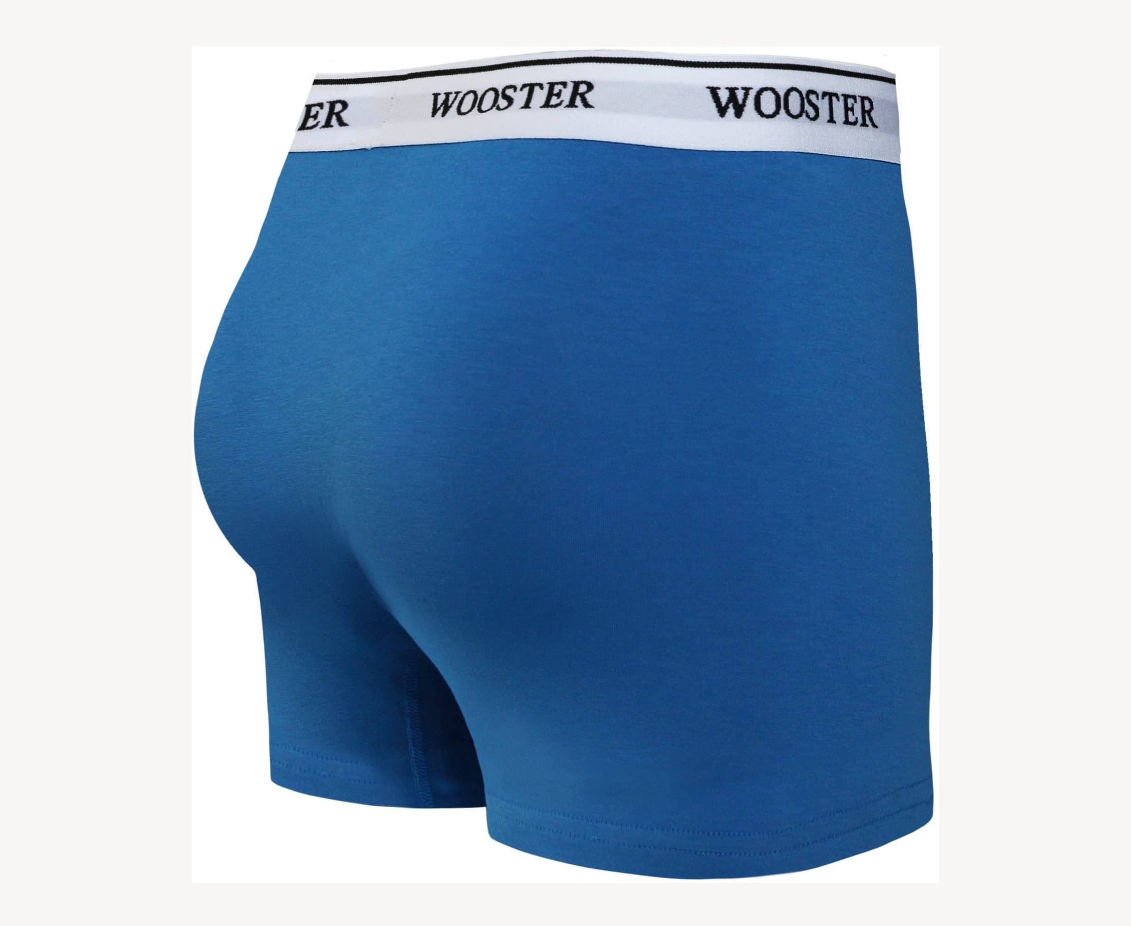 Back view of men’s 95% cotton boxer brief in azure blue with relaxed fit, vibrant color, and smooth rear panel