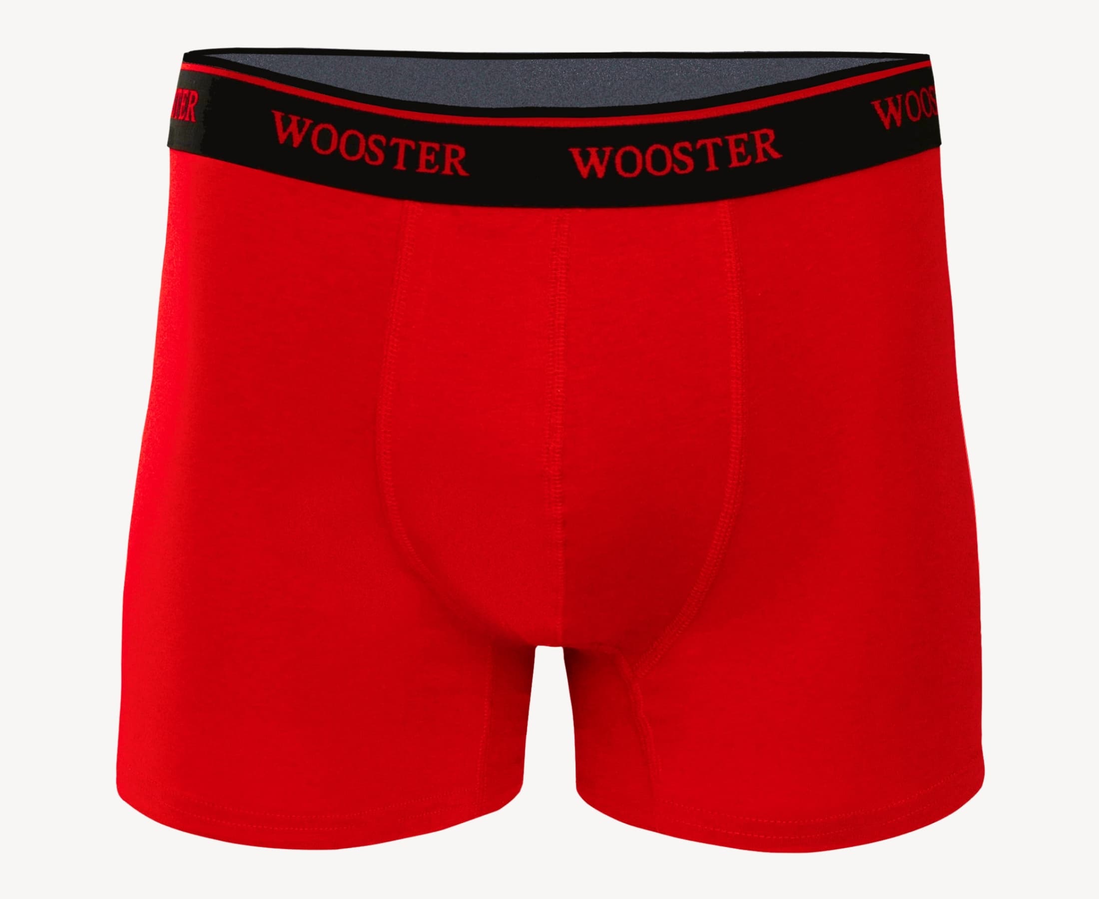 Front view of men’s 95% cotton boxer brief in crimson red with relaxed fit, soft stretch cotton, and no-roll waistband