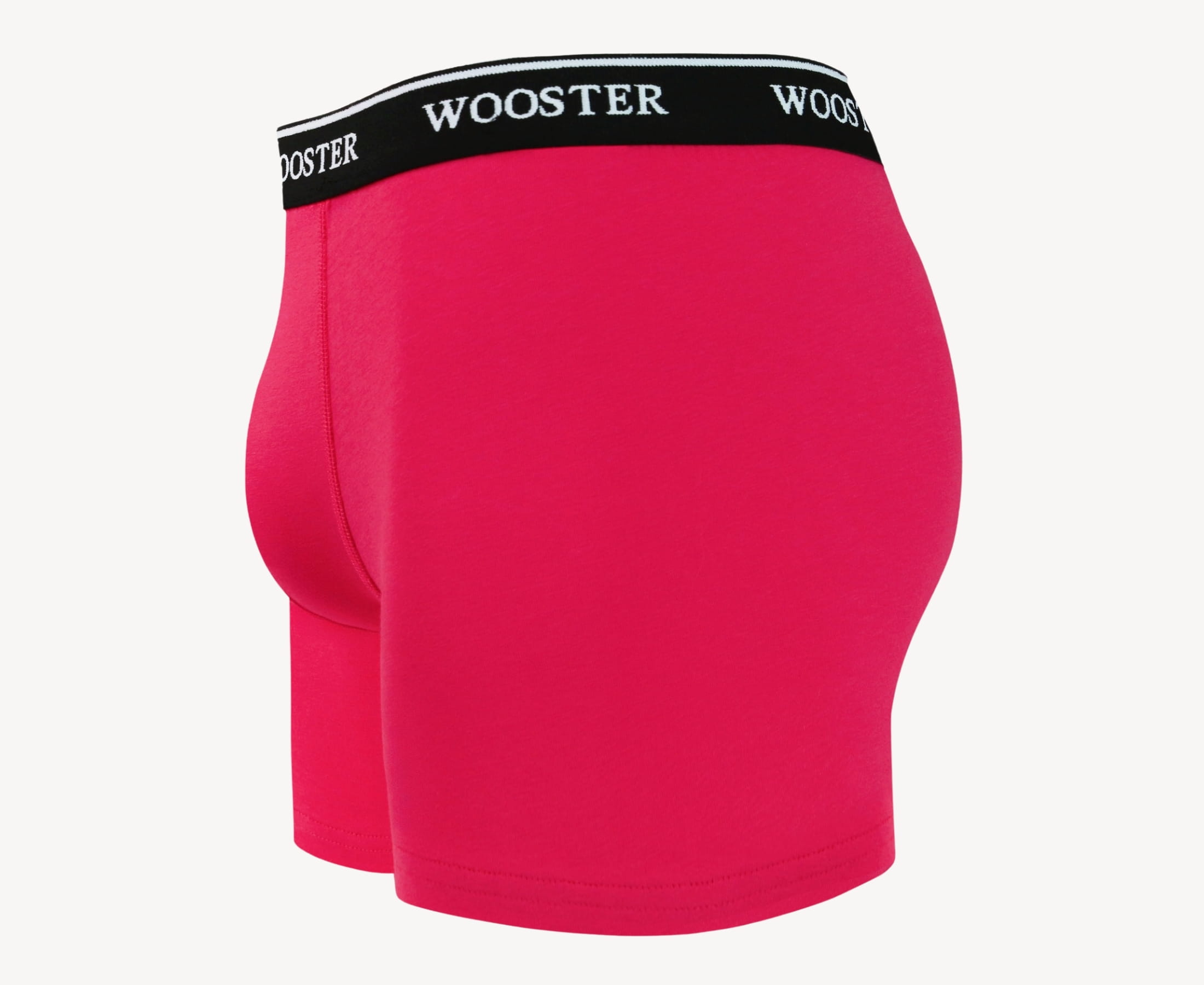 Side view of men’s 95% cotton boxer brief in hot pink showing contoured pouch and relaxed fit