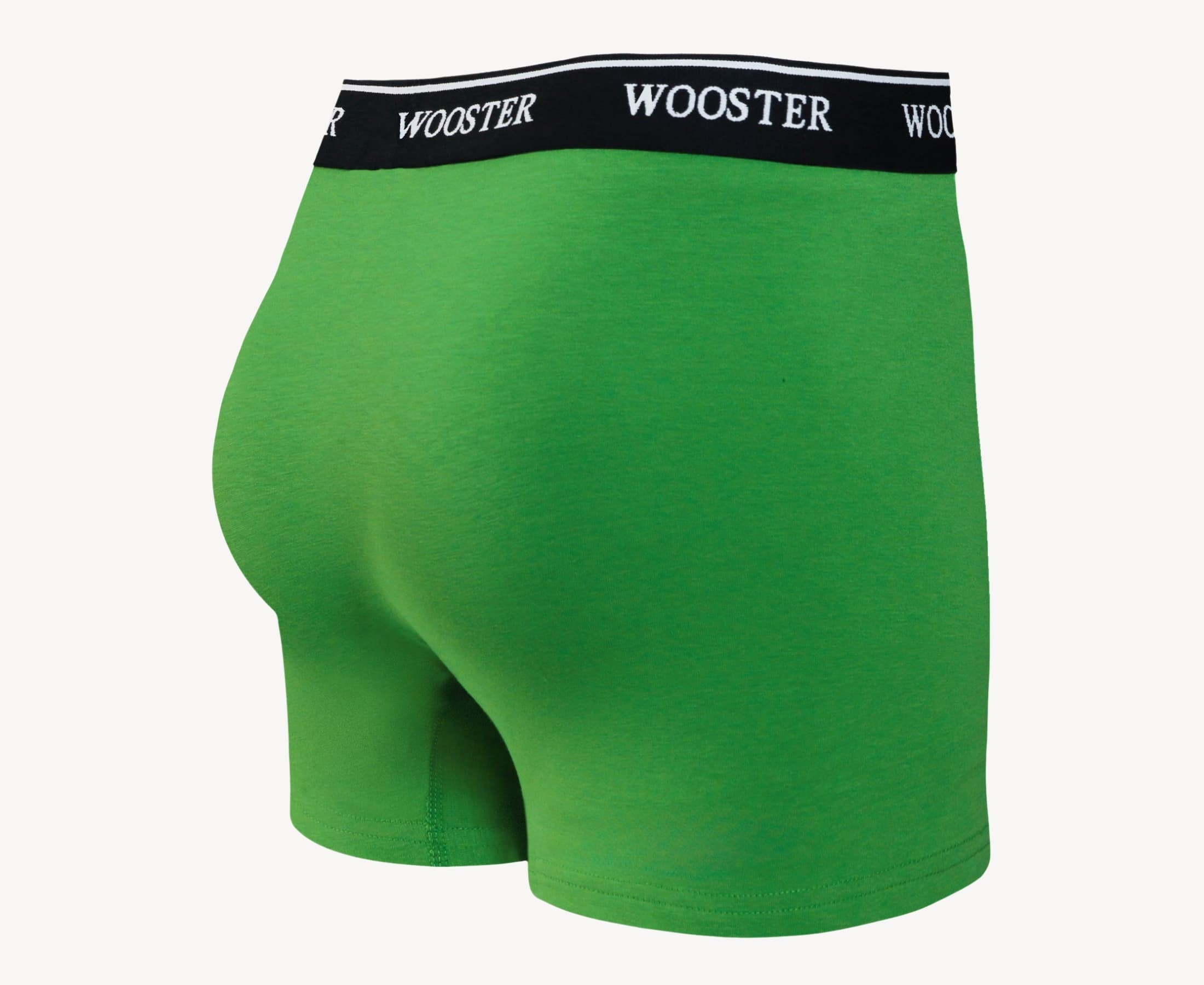 Back view of men’s 95% cotton boxer brief in meadow green with relaxed fit, vibrant color, and smooth rear panel
