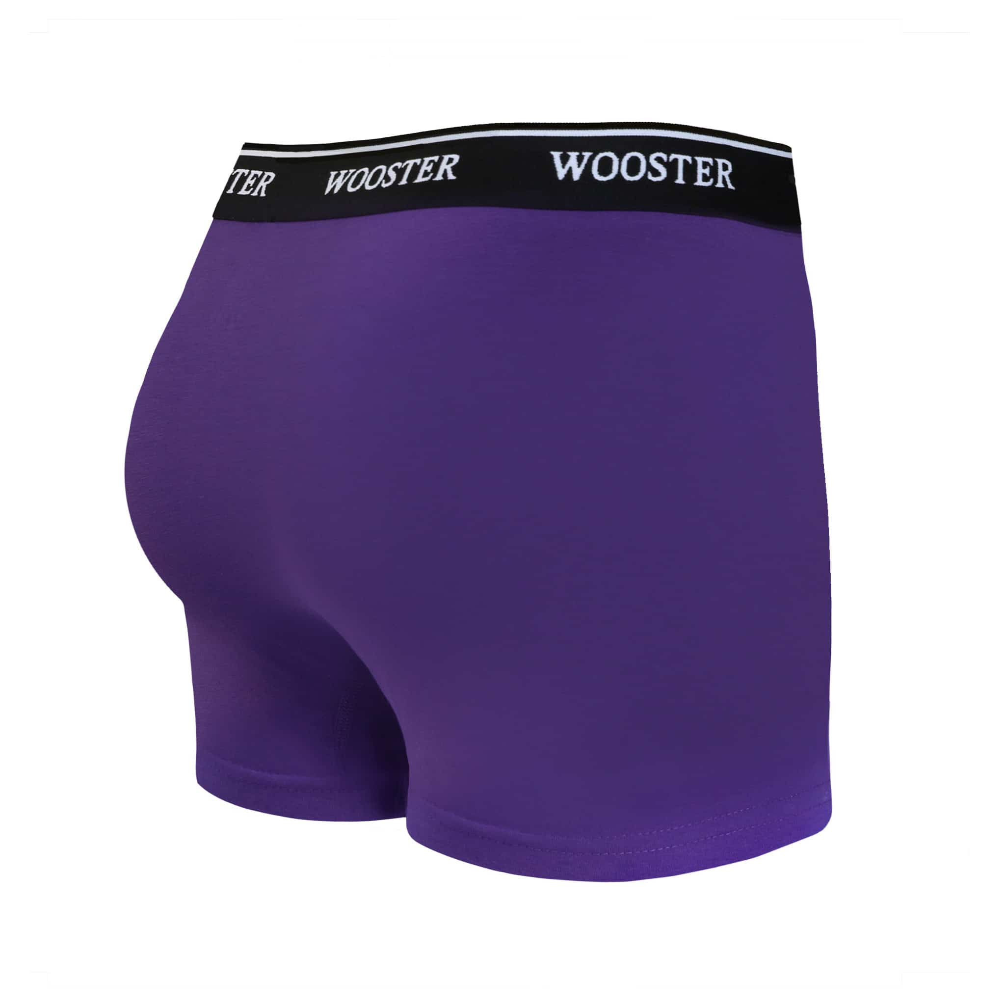 Back view of men’s 95% cotton boxer brief in mulberry with relaxed fit, vibrant color, and smooth rear panel