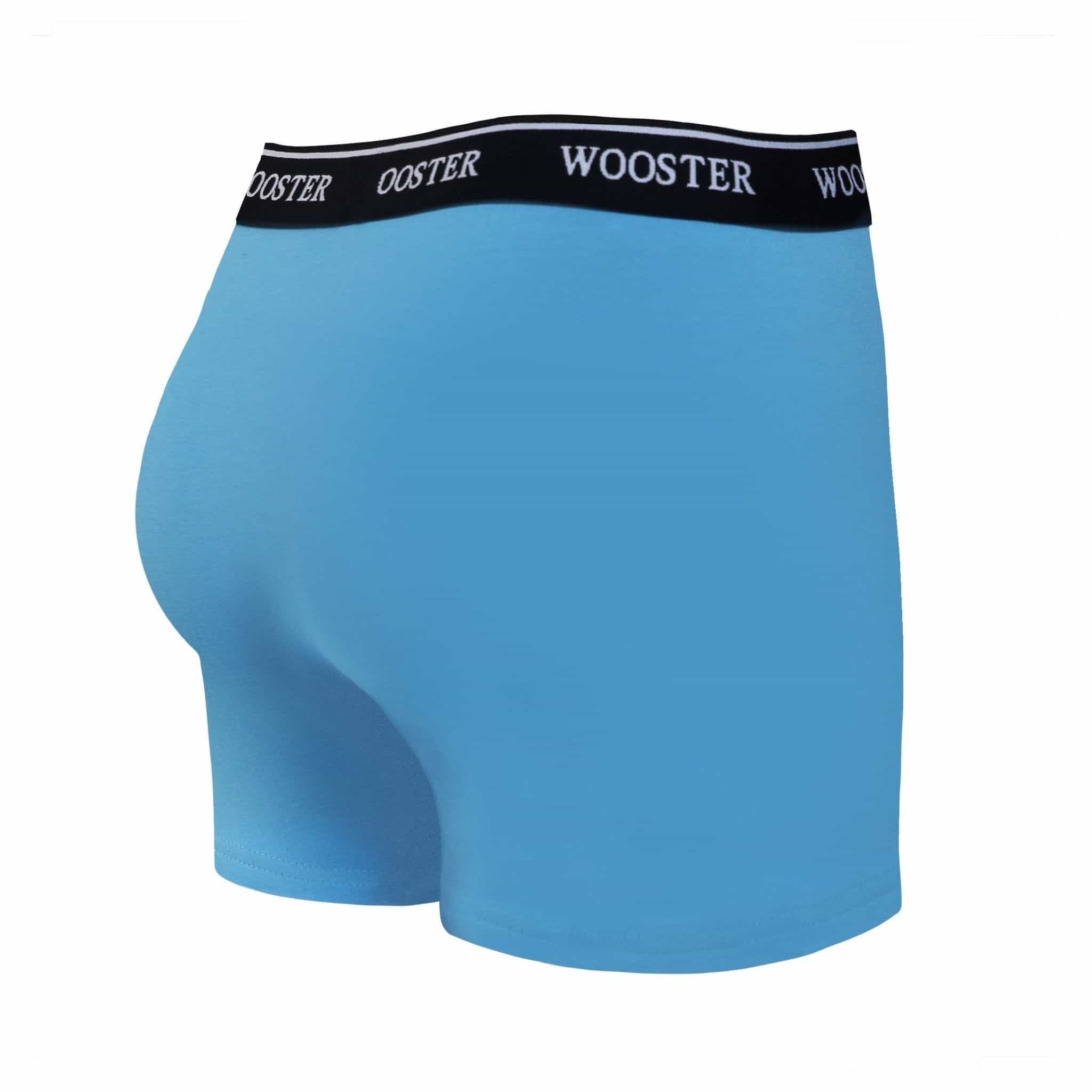 Back view of men’s 95% cotton boxer brief in sky blue with relaxed fit, vibrant color, and smooth rear panel