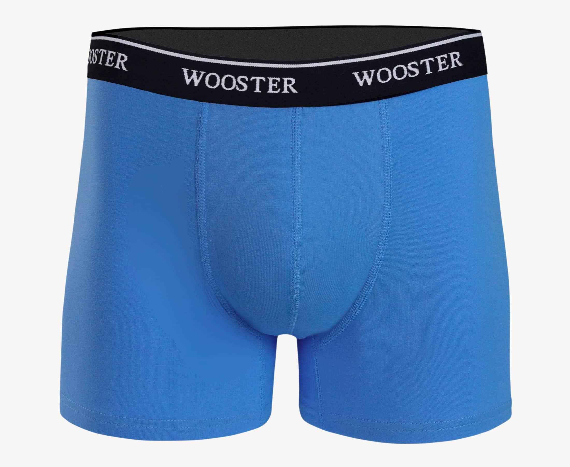 Front view of men’s 95% cotton boxer brief in sky blue with relaxed fit, soft stretch cotton, and no-roll waistband