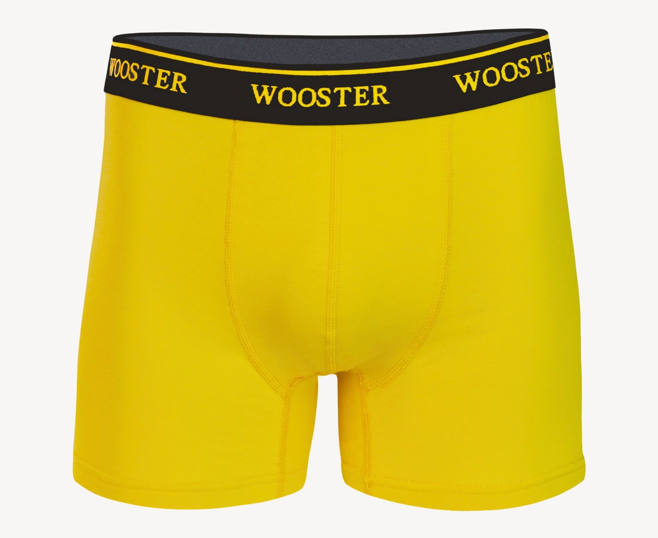 Front view of men’s 95% cotton boxer brief in sunshine yellow with relaxed fit, soft stretch cotton, and no-roll waistband