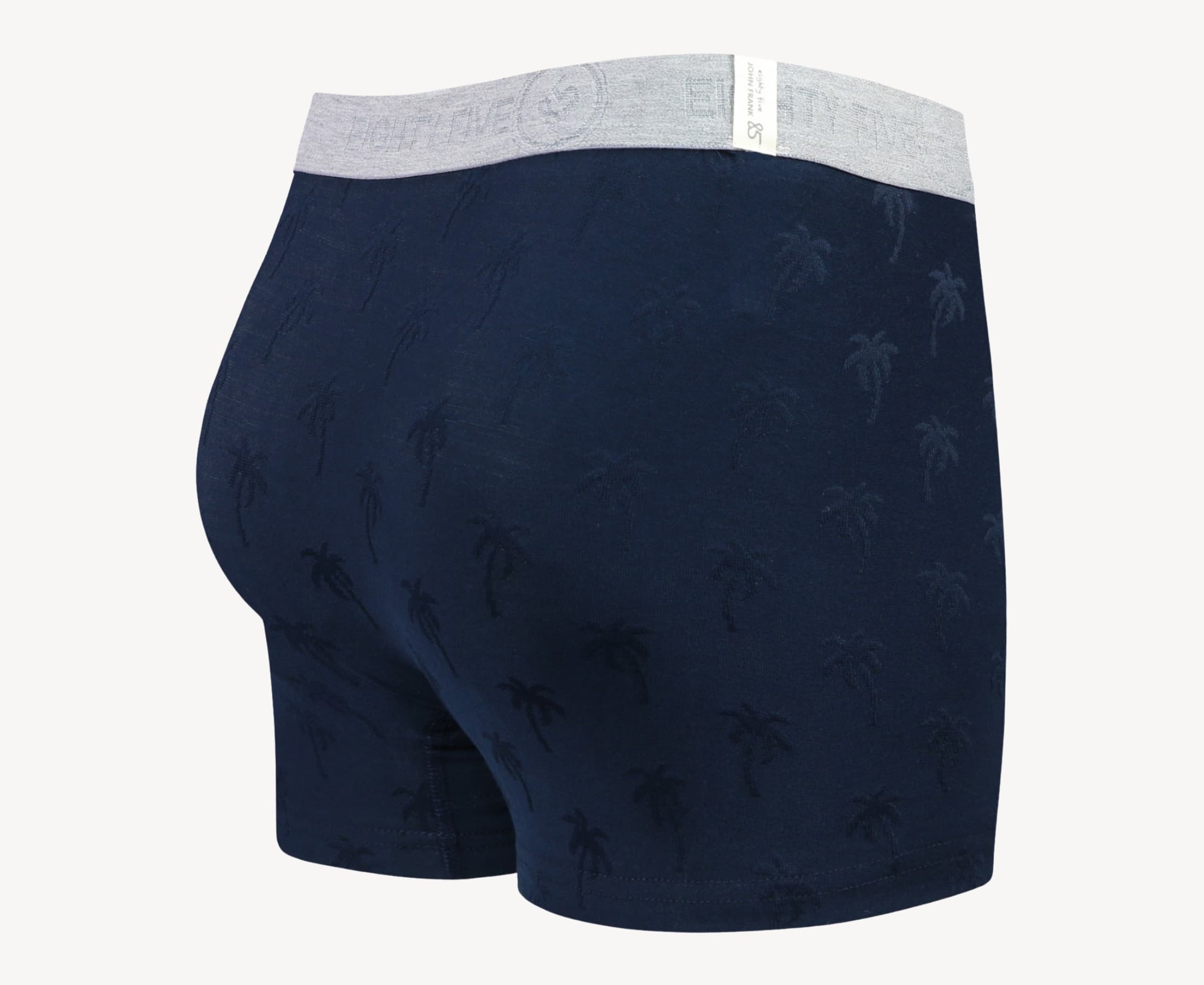 Back view of men’s 95% cotton boxer brief in navy with jacquard palms pattern, showcasing smooth waistband and rear detail