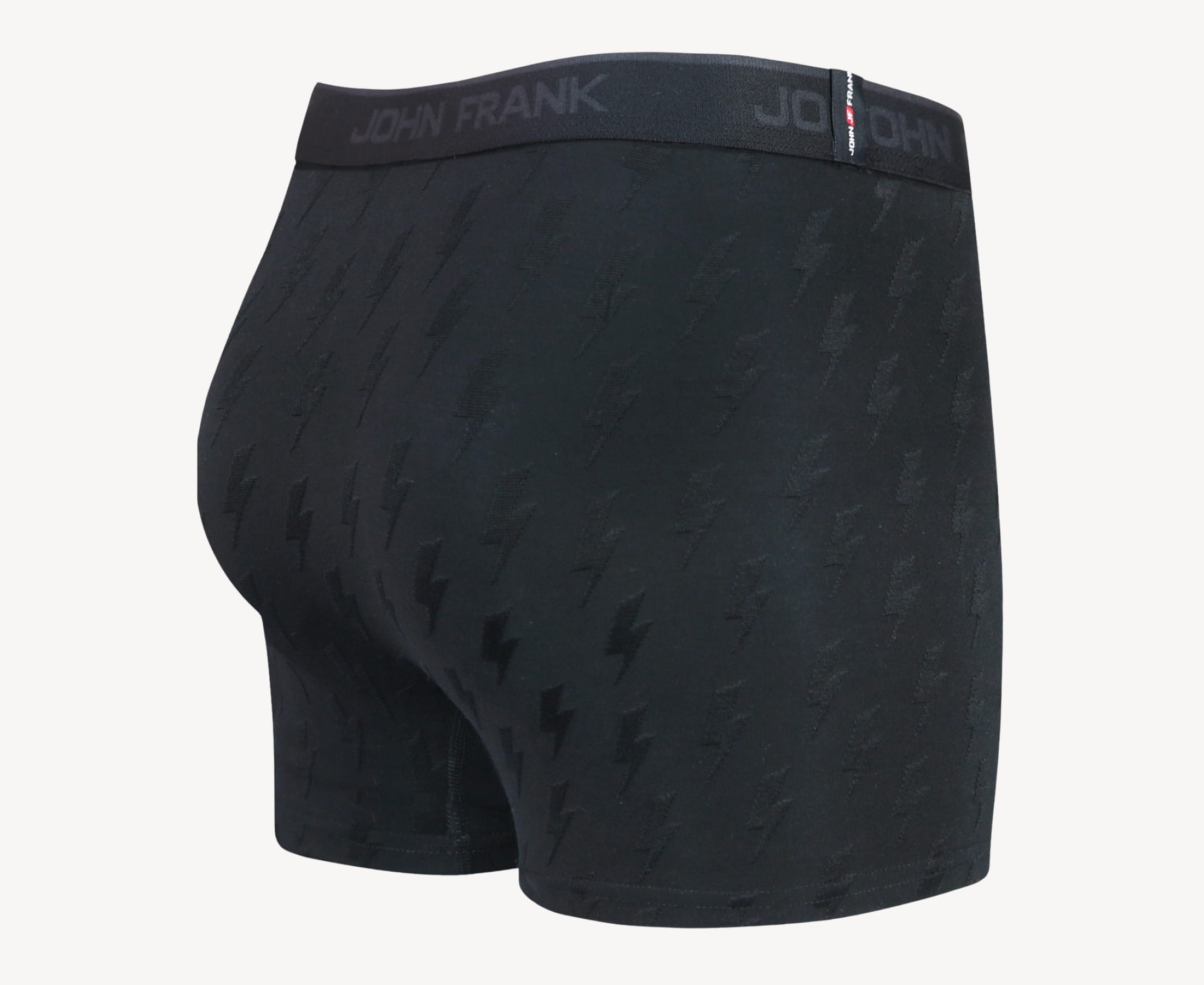 Back view of men’s 95% micromodal boxer brief in black with jacquard lightening flash pattern, showcasing smooth waistband and rear detail