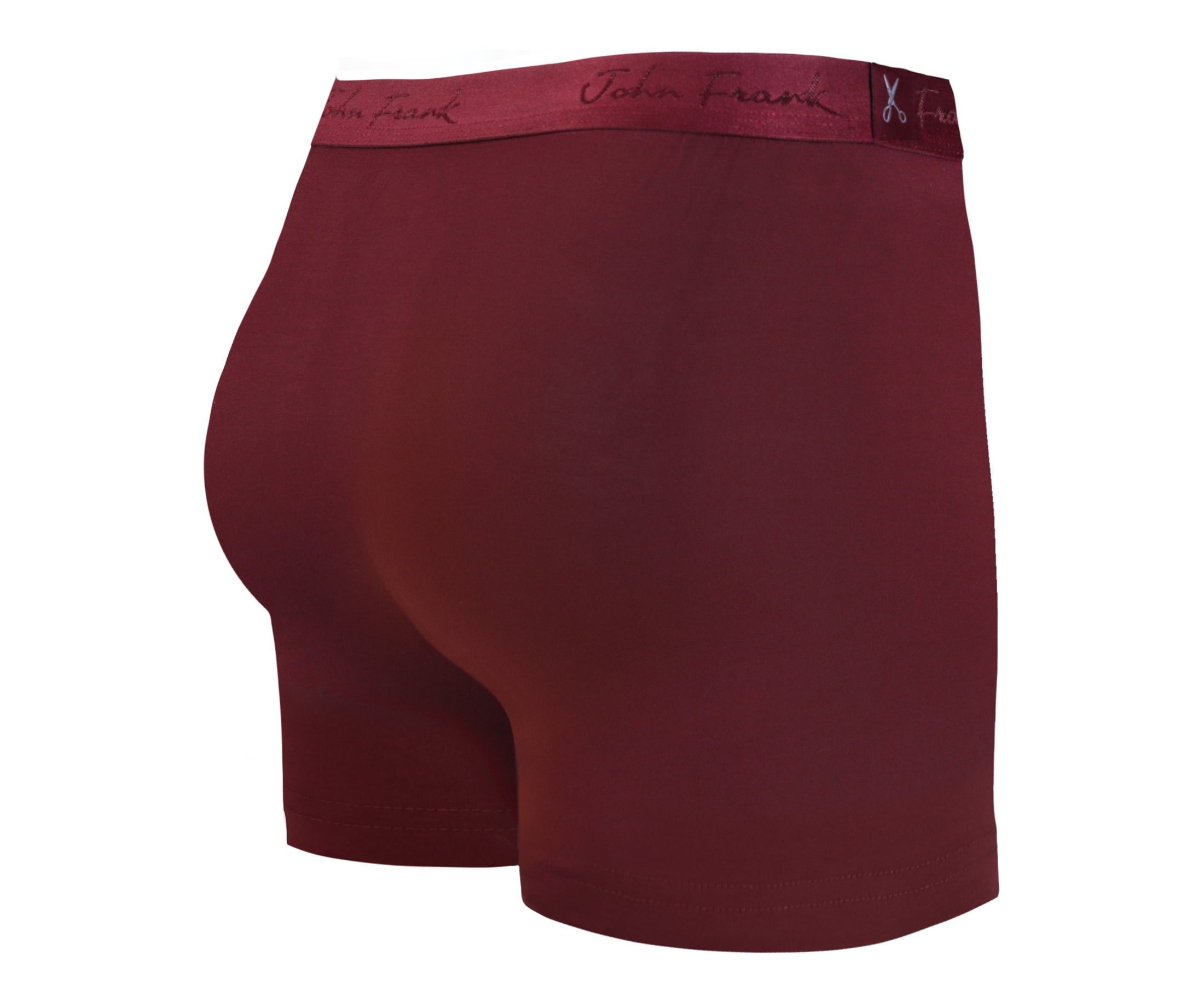 Back view of men’s 95% micromodal boxer brief in bordeaux with tonal waistband featuring subtle sheen and clean rear detail