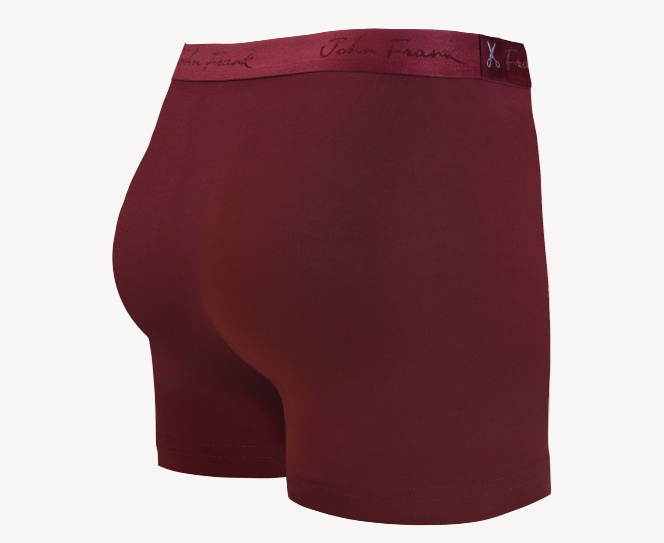 Back view of men’s 95% micromodal boxer brief in bordeaux with tonal waistband featuring subtle sheen and clean rear detail