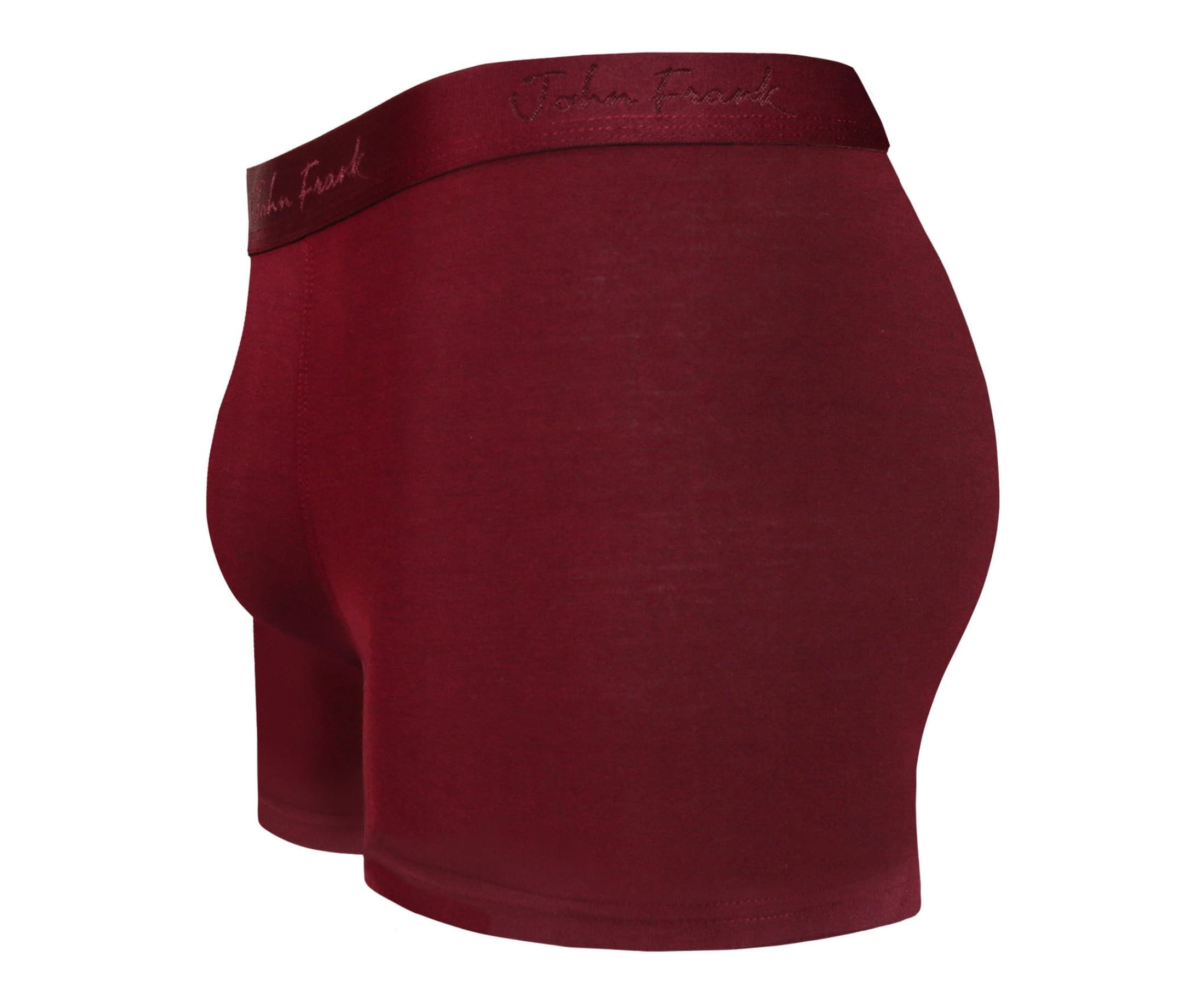 Side view of men’s 95% micromodal boxer brief in bordeaux with contoured pouch and tailored leg cut