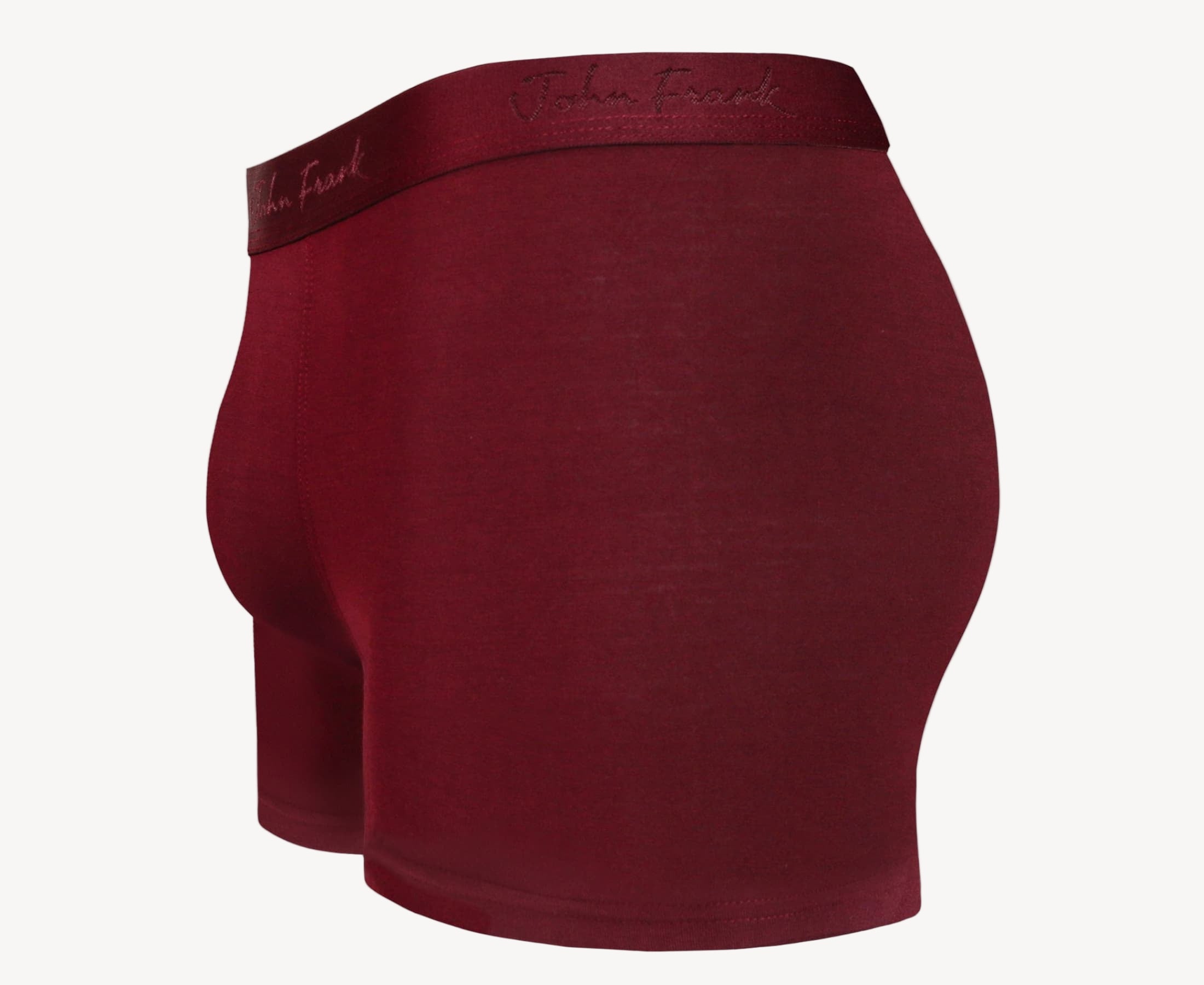 Side view of men’s 95% micromodal boxer brief in bordeaux with contoured pouch and tailored leg cut