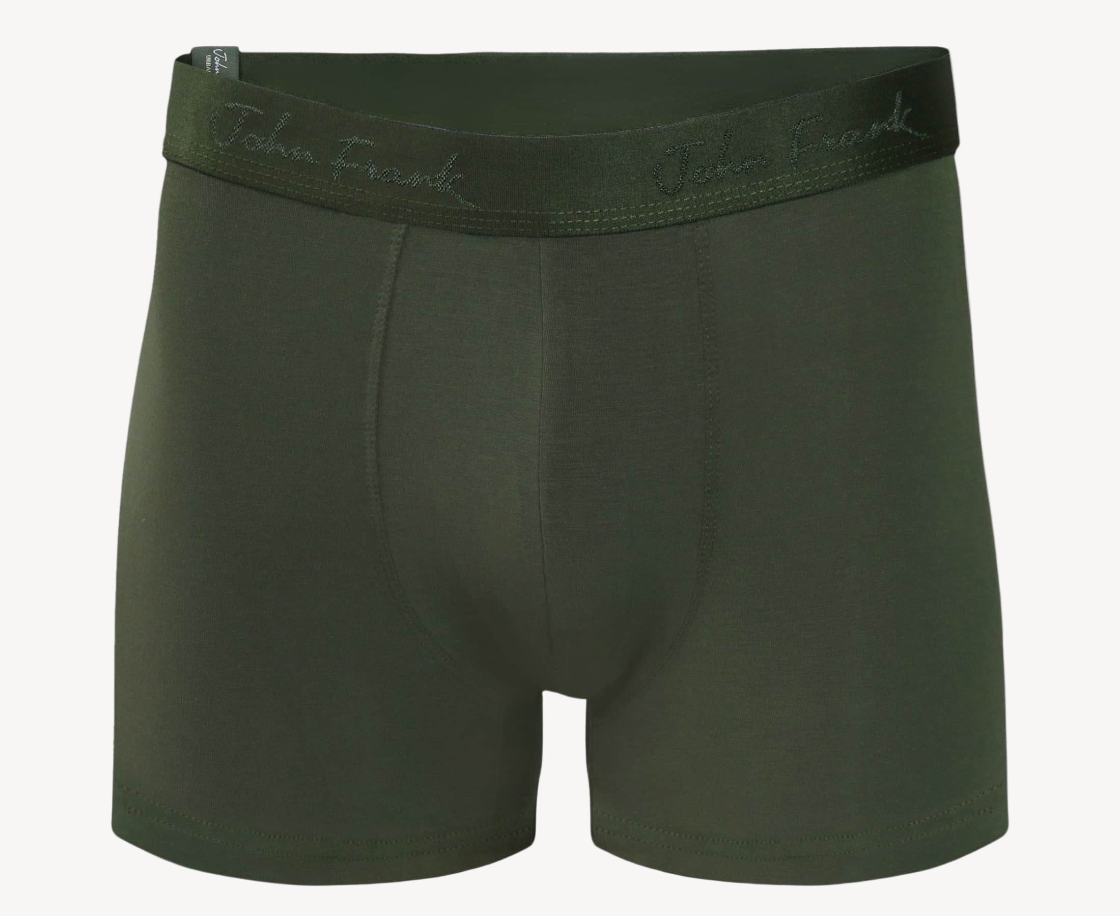Front view of men’s 95% micromodal boxer brief in olive with tonal waistband featuring subtle sheen, and soft stretch