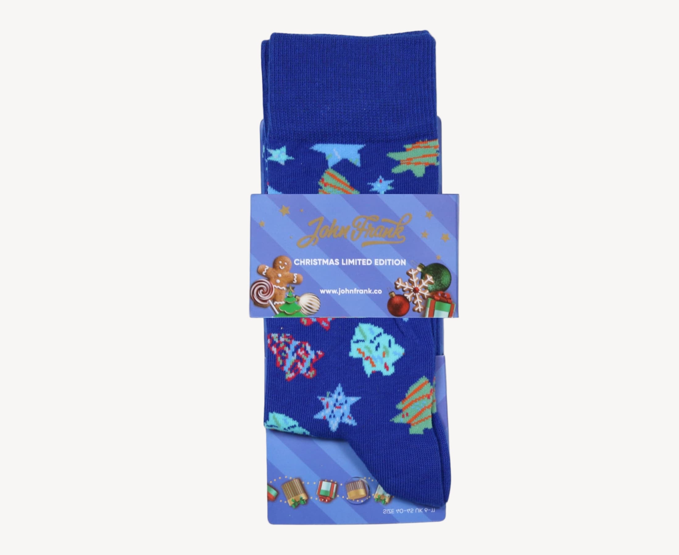 Packaged view of men’s 80% cotton crew socks in blue with holiday sugar cookie pattern, folded neatly with festival belly band